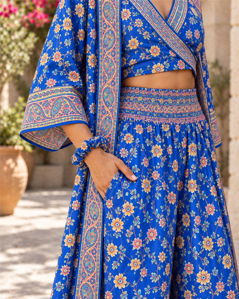 Mavi Renk Cep Detaylı İpek Pantolon Crop Kimono Üçlü Takım