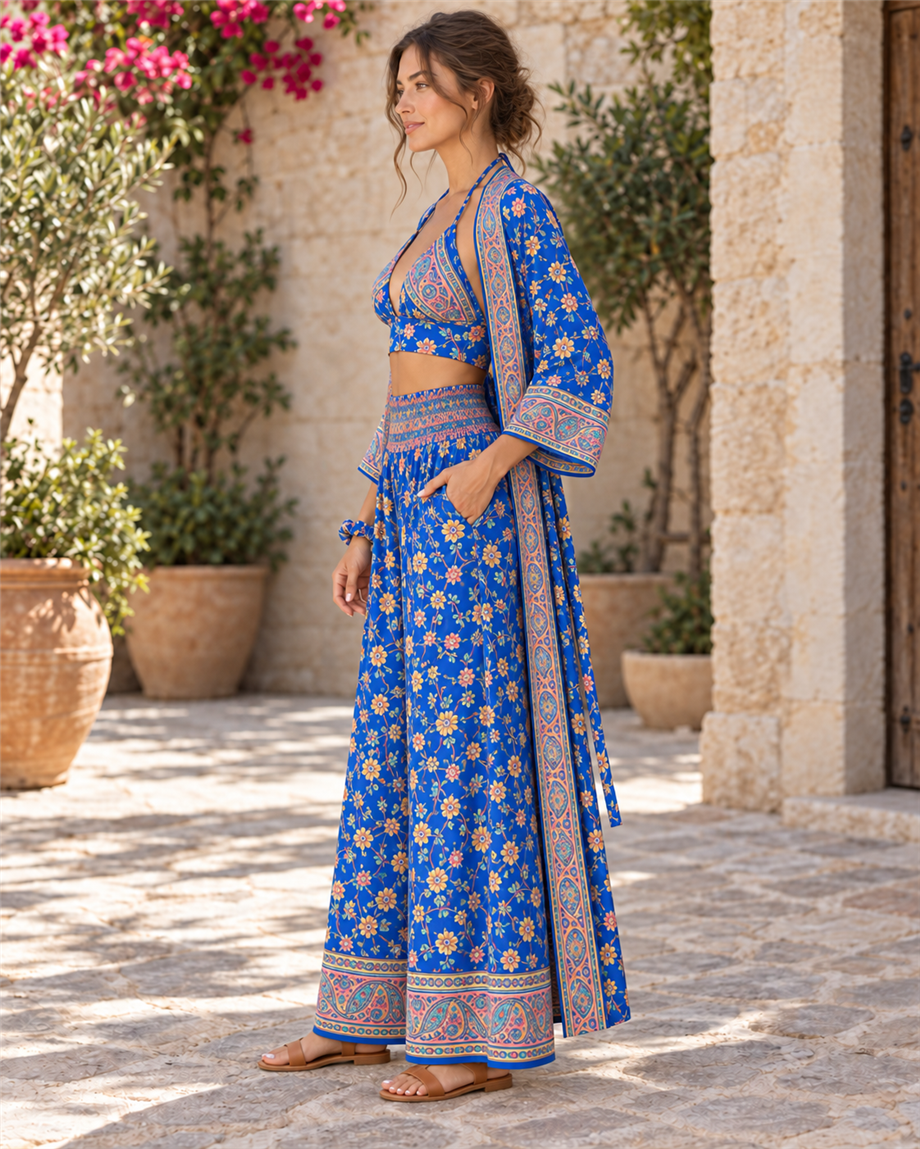 Mavi Renk Cep Detaylı İpek Pantolon Crop Kimono Üçlü Takım