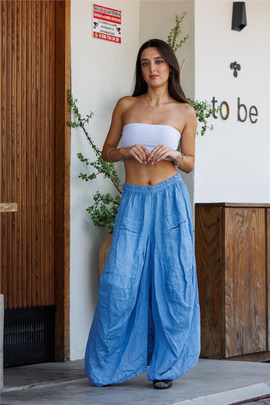 Mavi Renk Önü Uzun Arkası Kısa Cep Detaylı İtalyan Keten Şalvar