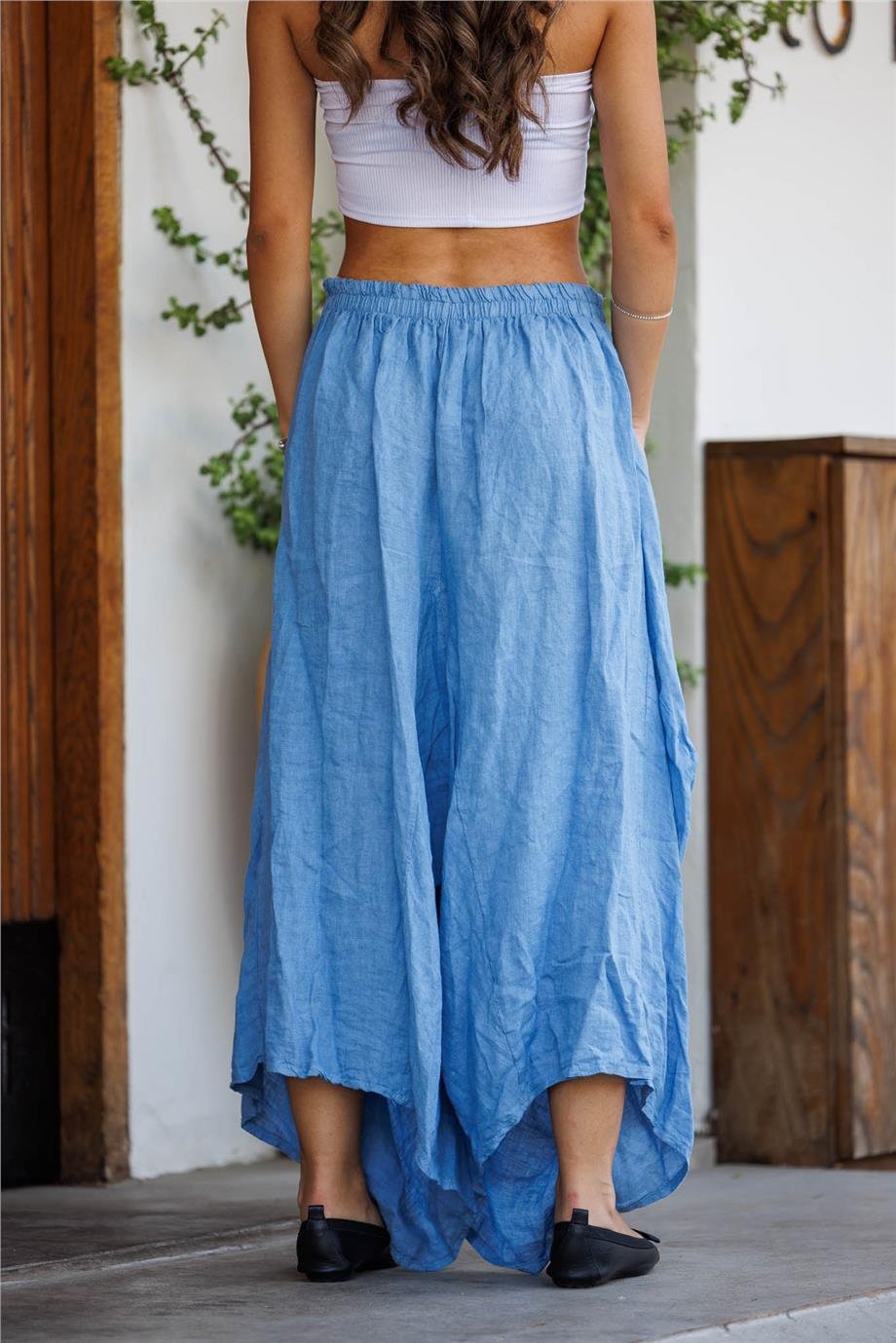 Mavi Renk Önü Uzun Arkası Kısa Cep Detaylı İtalyan Keten Şalvar