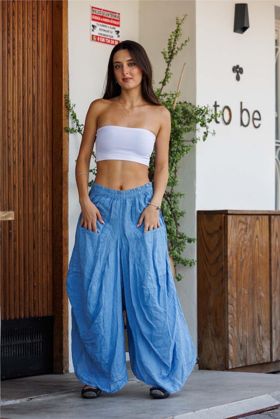 Mavi Renk Önü Uzun Arkası Kısa Cep Detaylı İtalyan Keten Şalvar