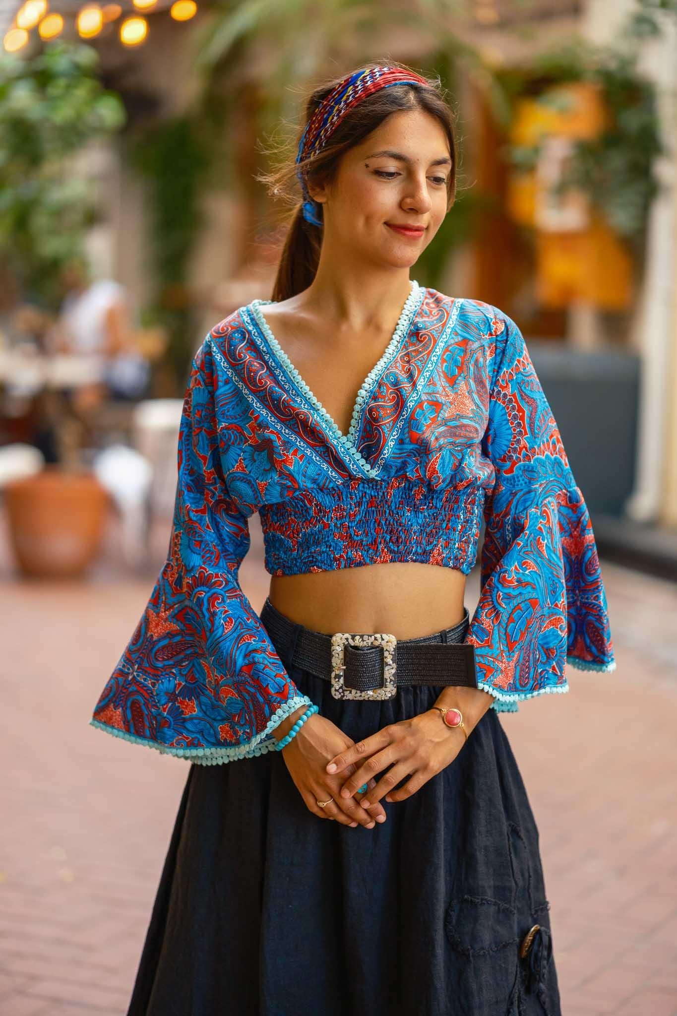 Mavi Renk V Yaka İspanyol Kol İpek Bluz