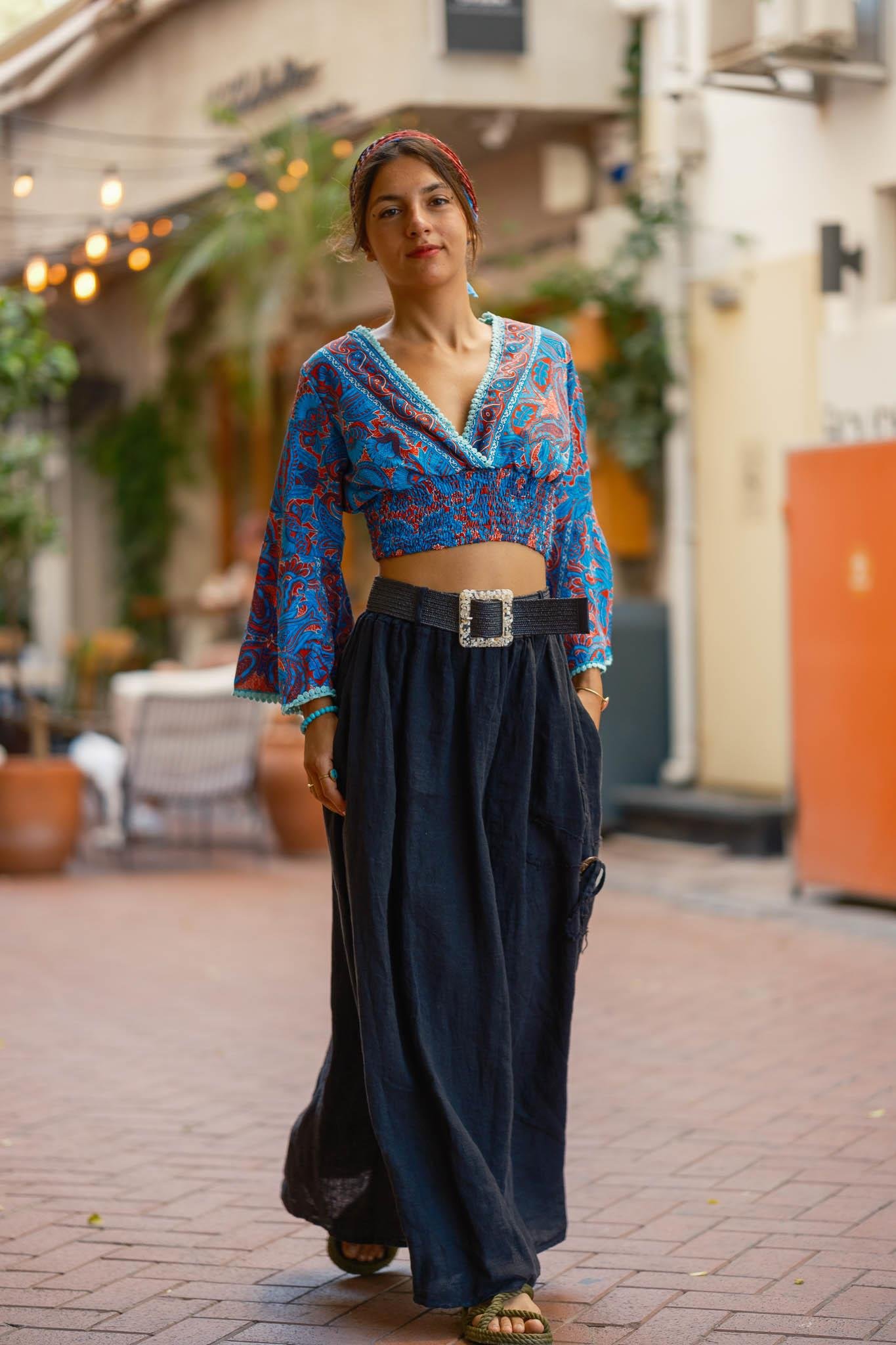 Mavi Renk V Yaka İspanyol Kol İpek Bluz