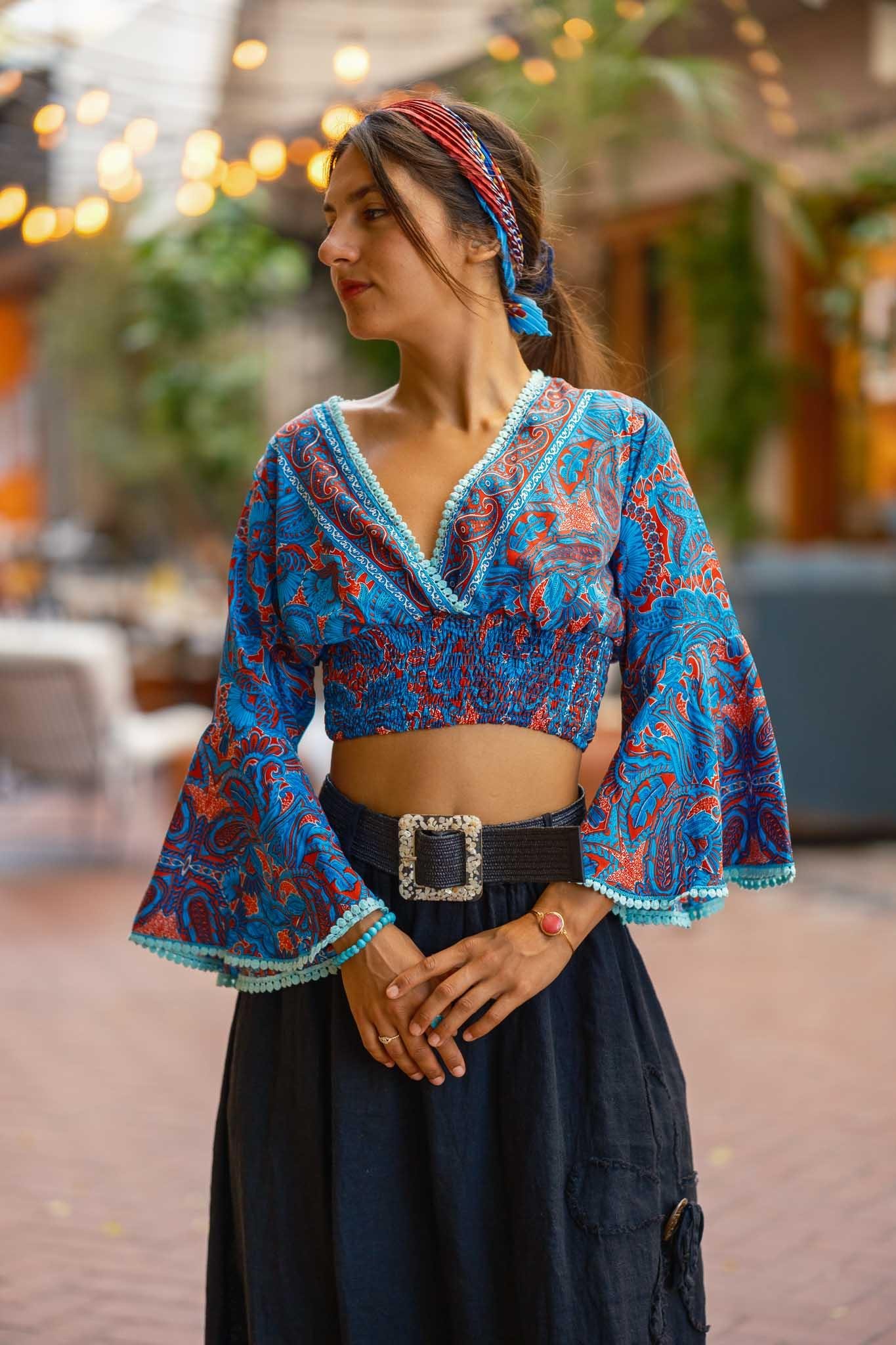 Mavi Renk V Yaka İspanyol Kol İpek Bluz