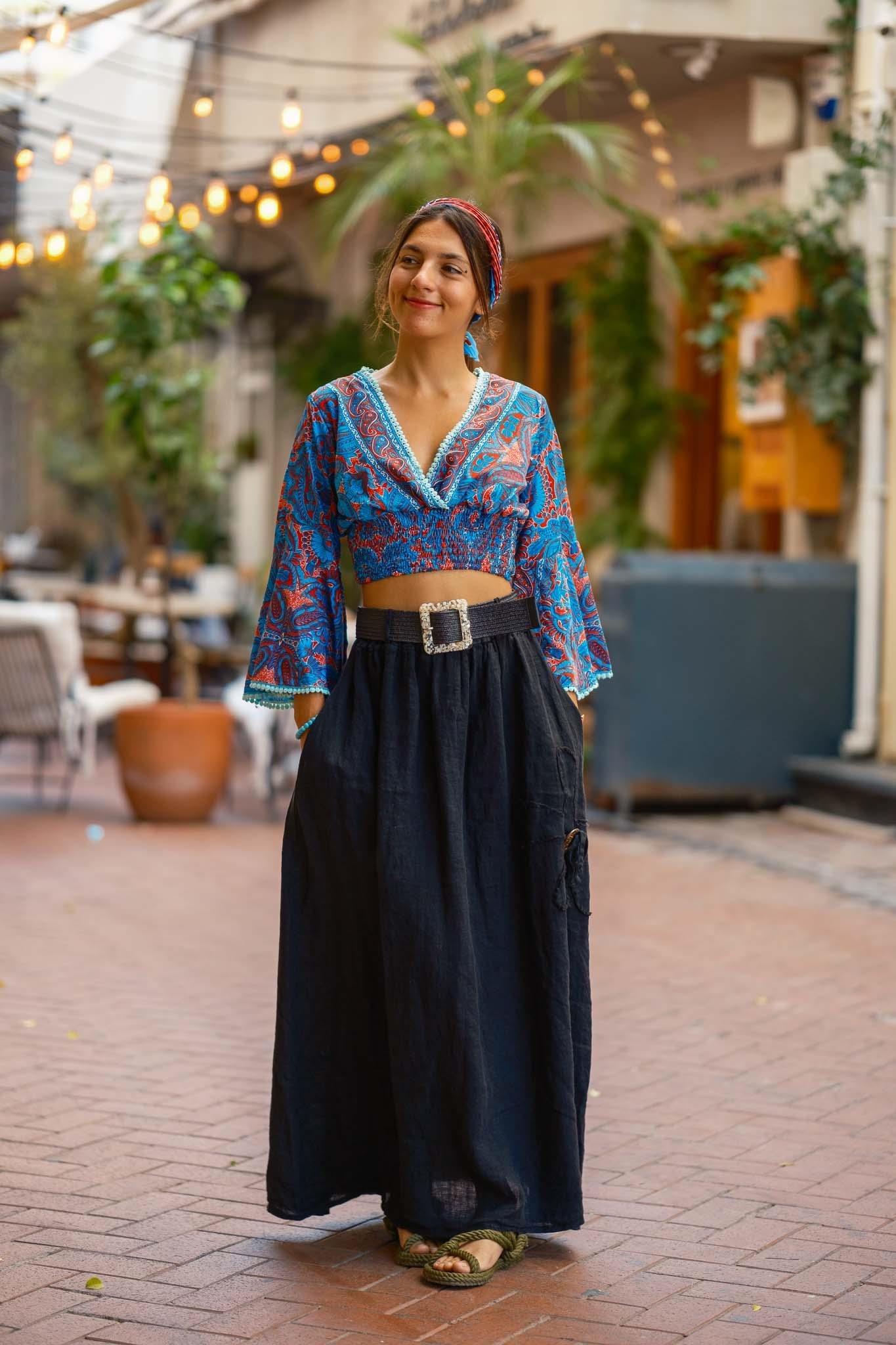 Mavi Renk V Yaka İspanyol Kol İpek Bluz