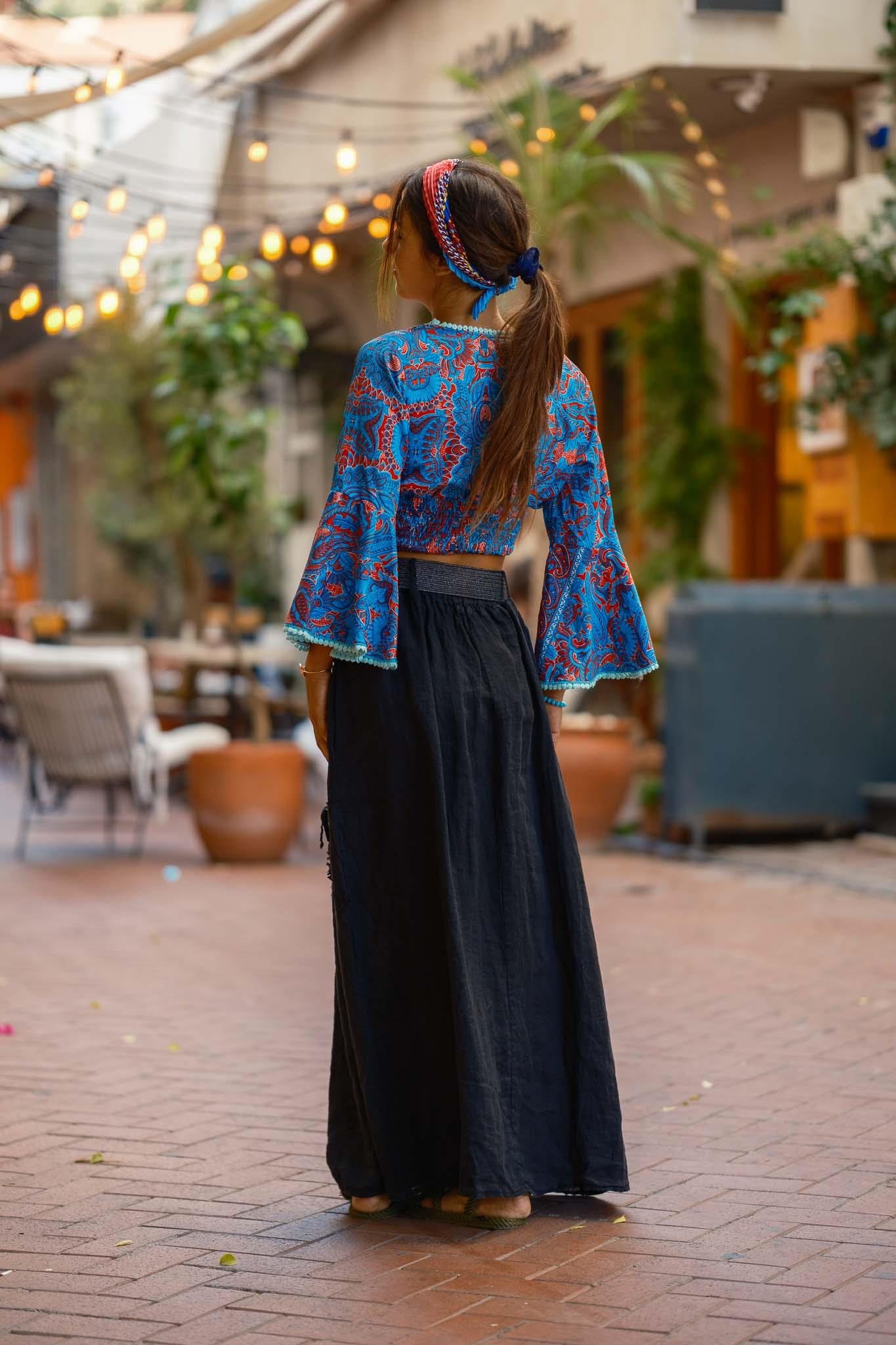 Mavi Renk V Yaka İspanyol Kol İpek Bluz