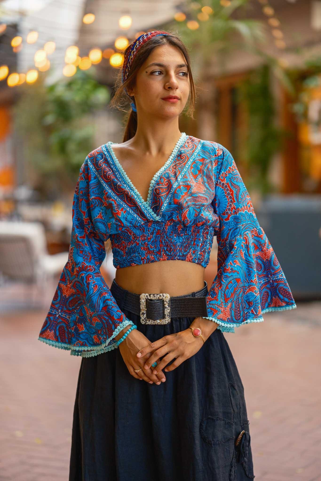 Mavi Renk V Yaka İspanyol Kol İpek Bluz