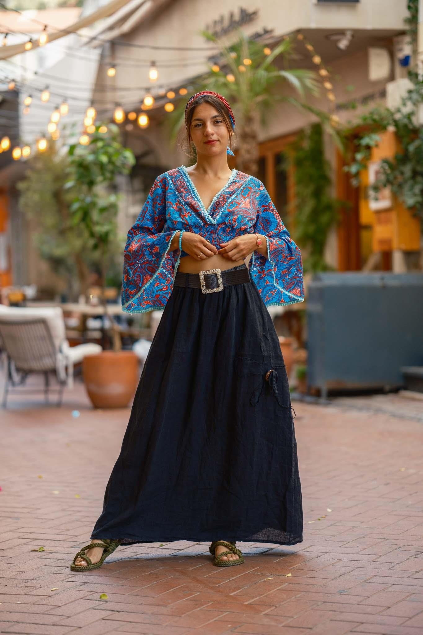 Mavi Renk V Yaka İspanyol Kol İpek Bluz