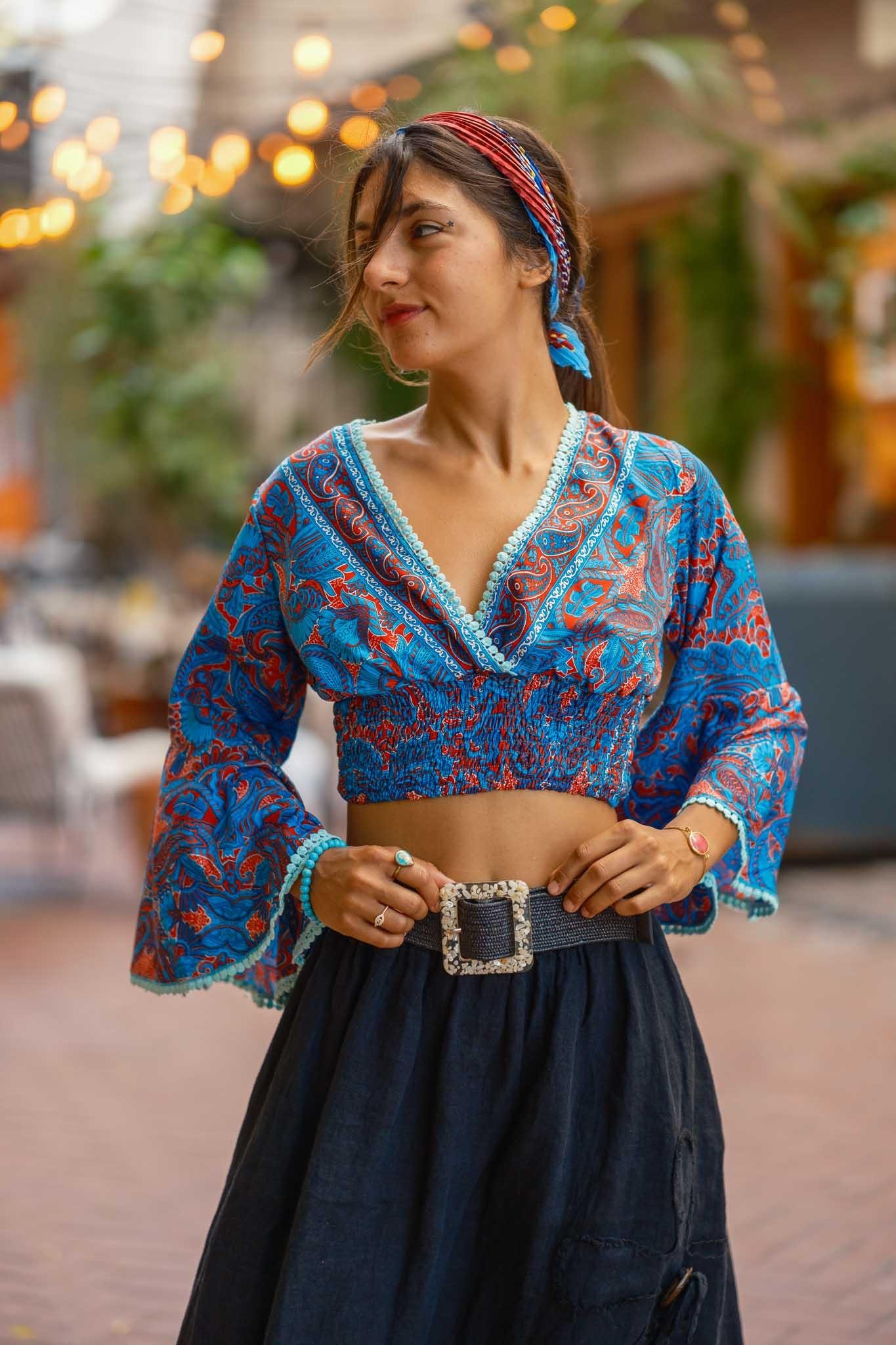 Mavi Renk V Yaka İspanyol Kol İpek Bluz