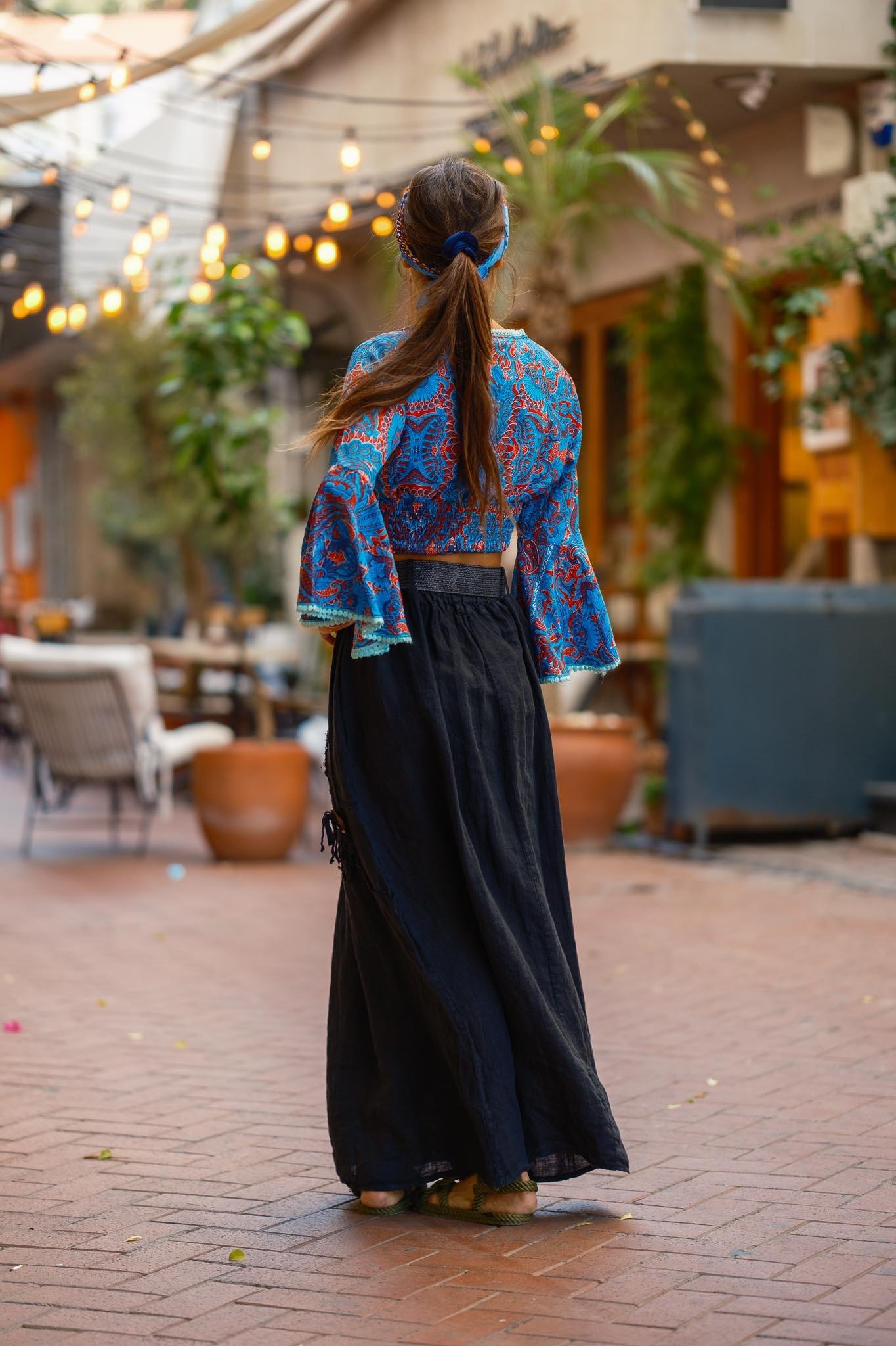 Mavi Renk V Yaka İspanyol Kol İpek Bluz