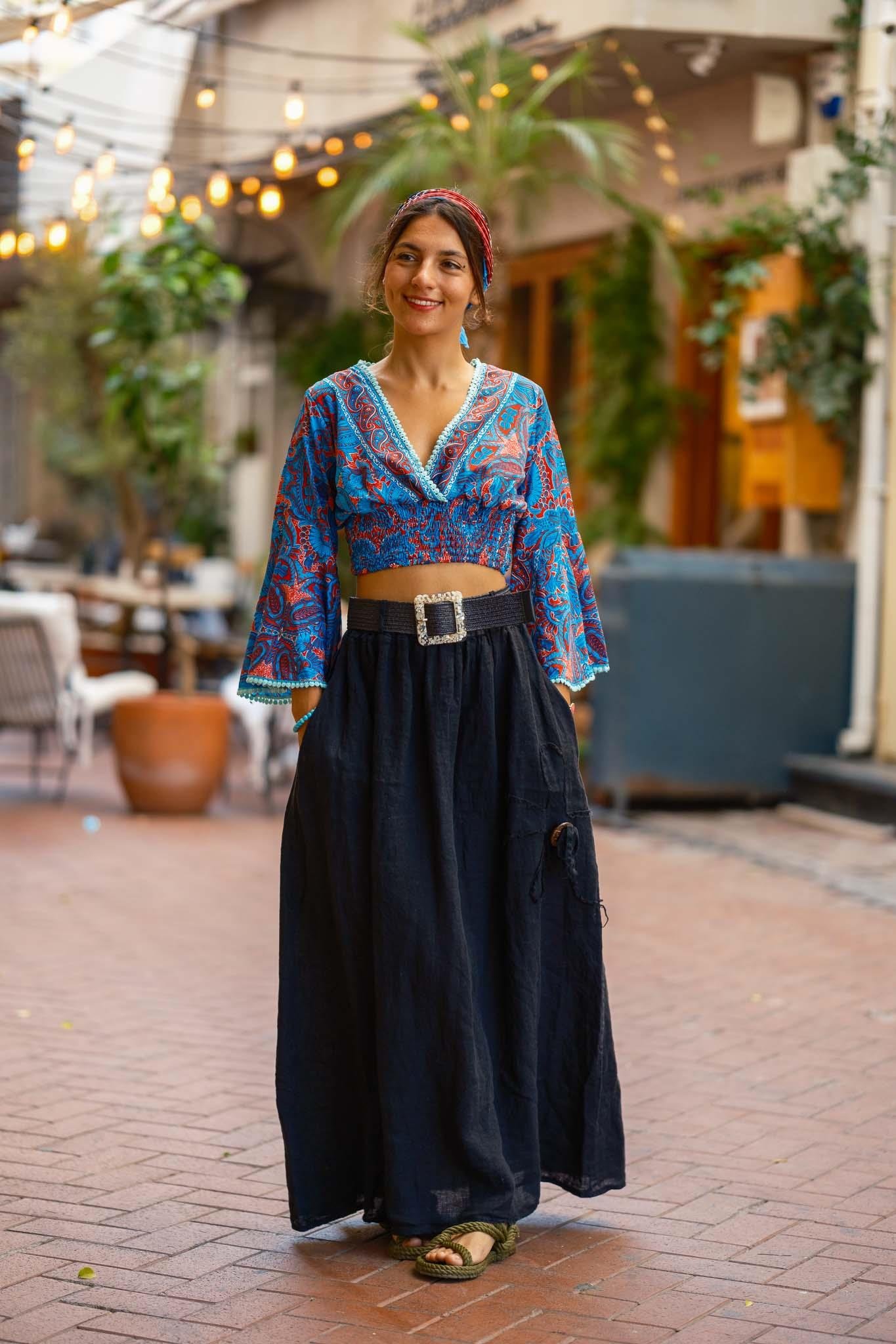 Mavi Renk V Yaka İspanyol Kol İpek Bluz