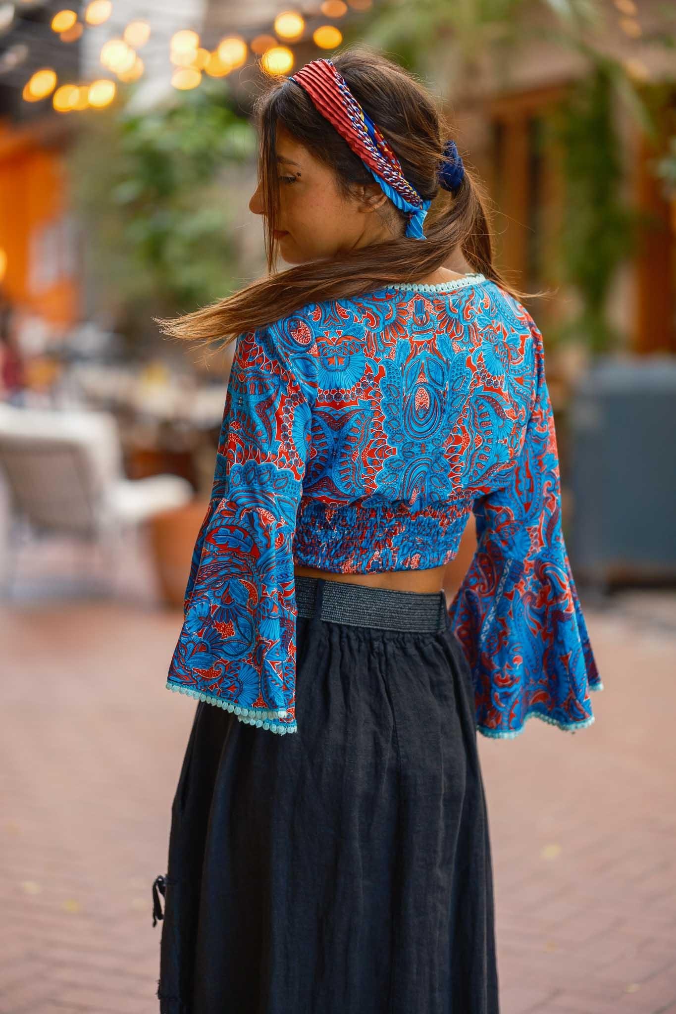 Mavi Renk V Yaka İspanyol Kol İpek Bluz