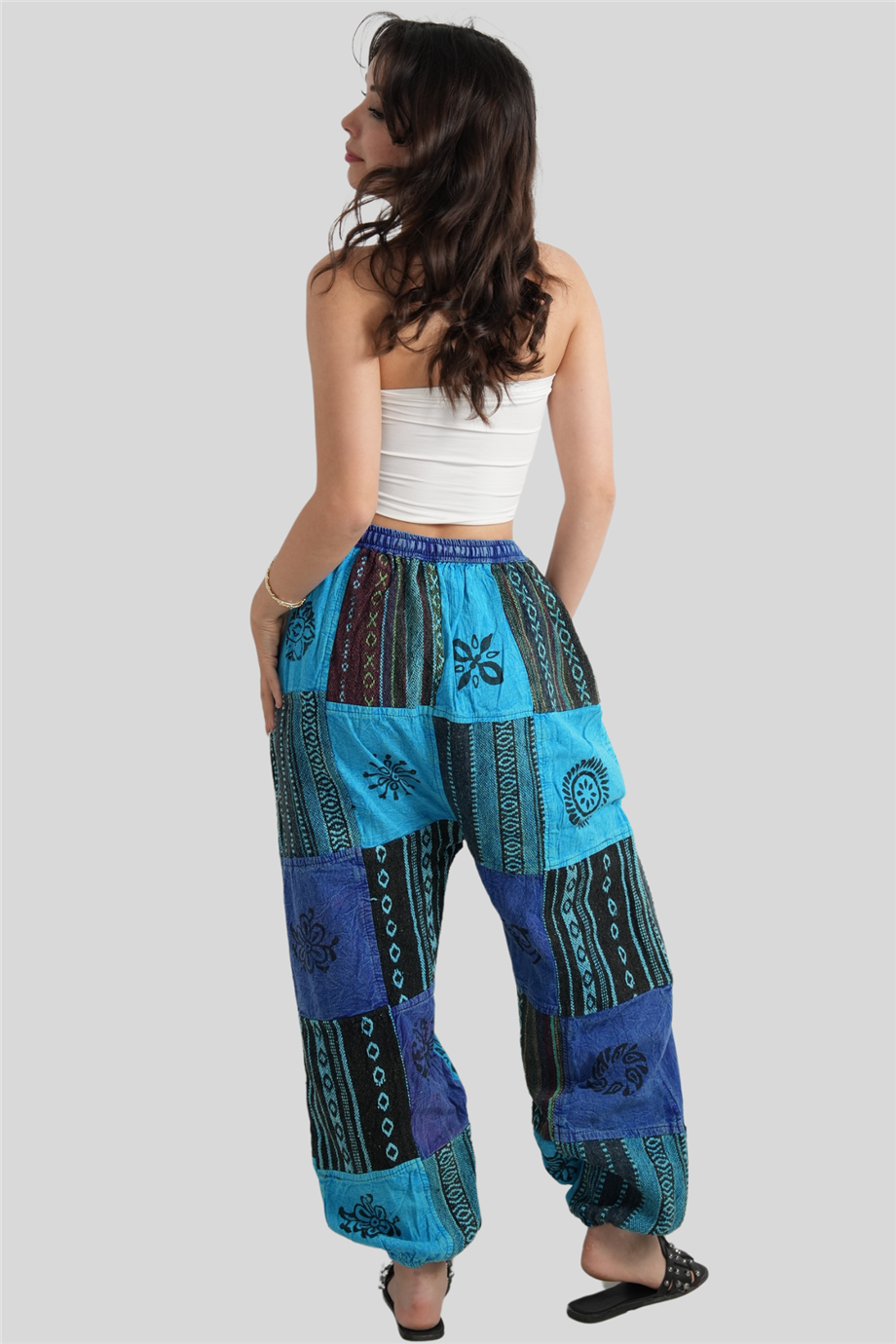 Mavi Unisex Kilim İşlemeli Bohem Nepal Patchwork Pantolon