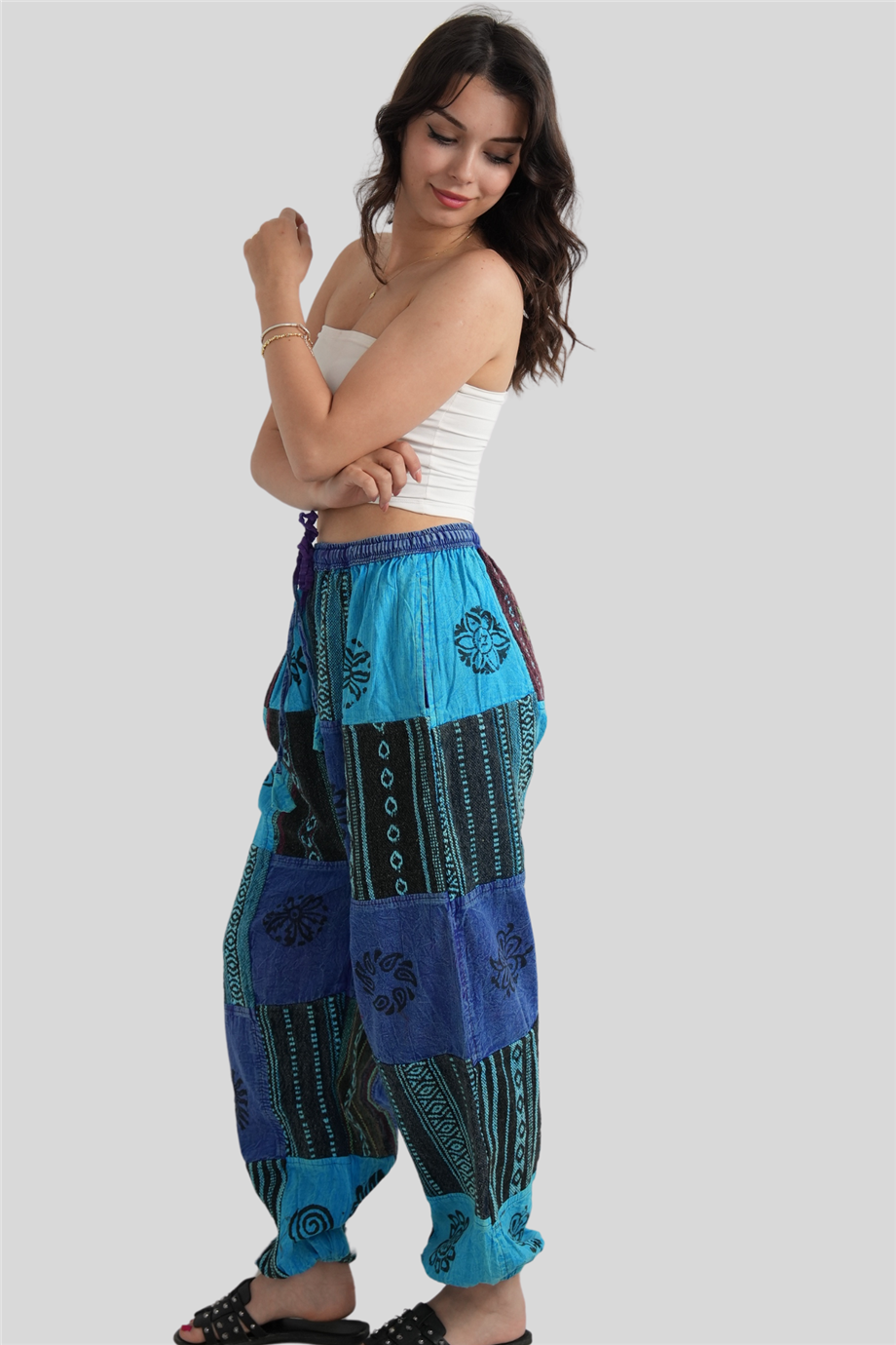 Mavi Unisex Kilim İşlemeli Bohem Nepal Patchwork Pantolon