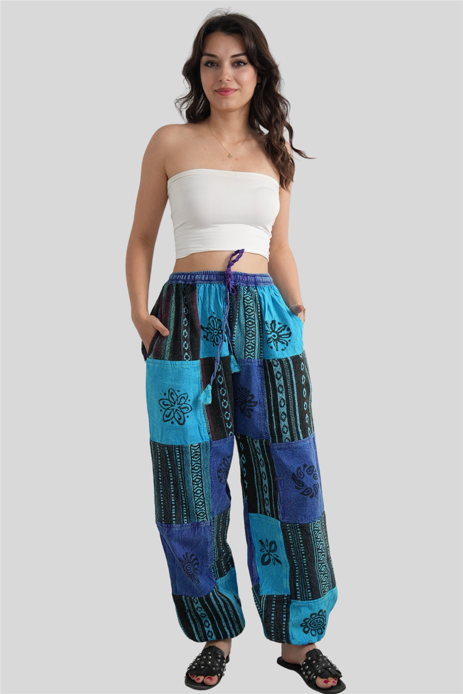 Mavi Unisex Kilim İşlemeli Bohem Nepal Patchwork Pantolon