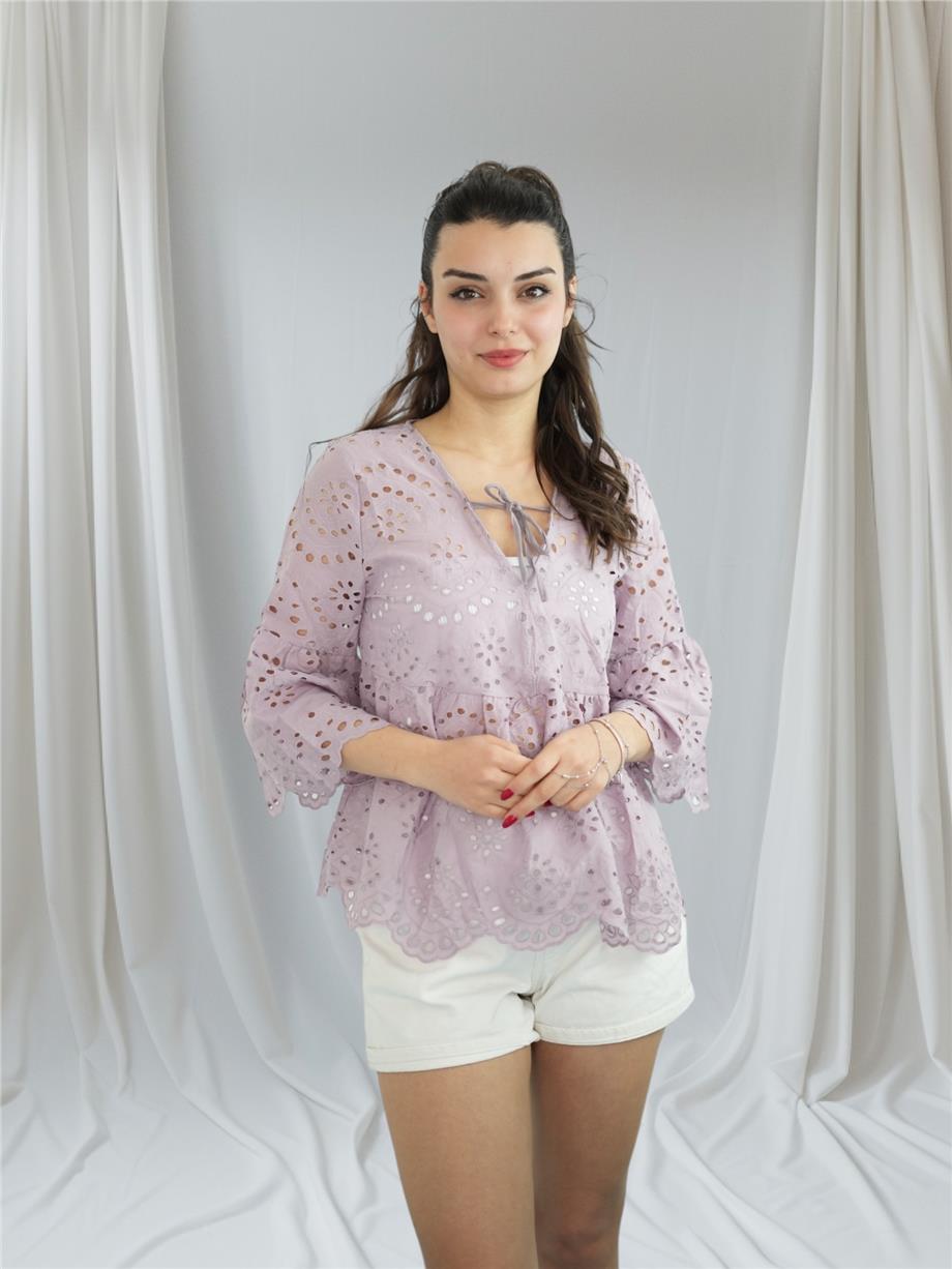Mor Brode Detaylı Bluz