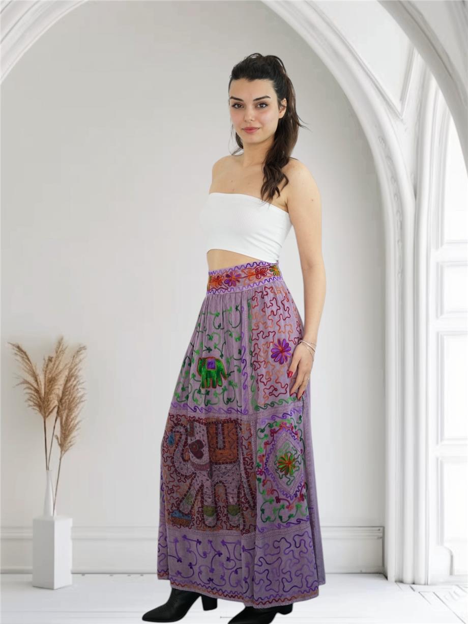 Mor İşlemeli Uzun Etek