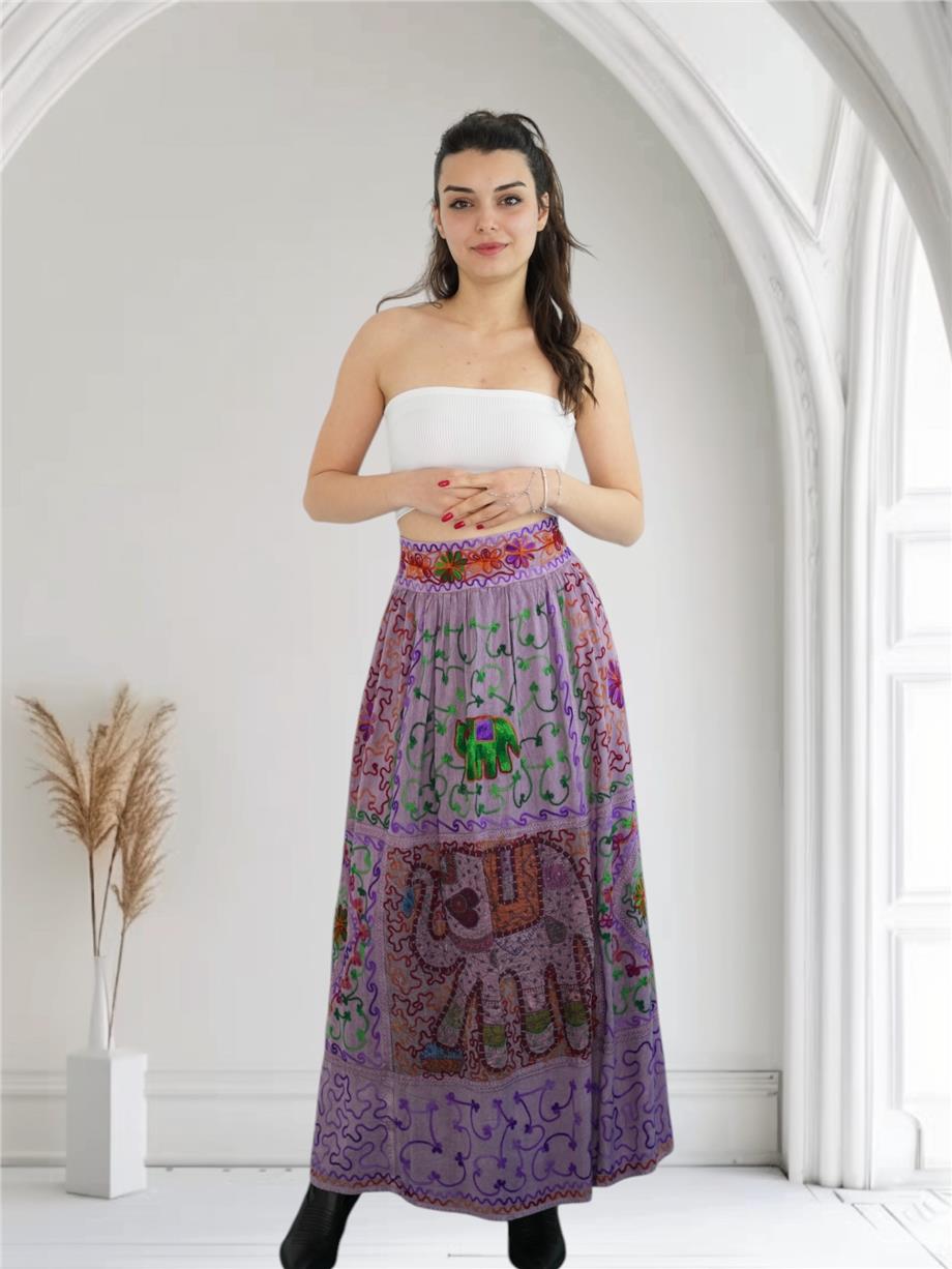 Mor İşlemeli Uzun Etek