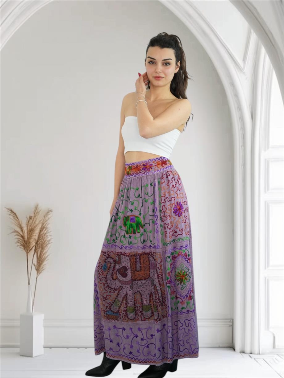 Mor İşlemeli Uzun Etek