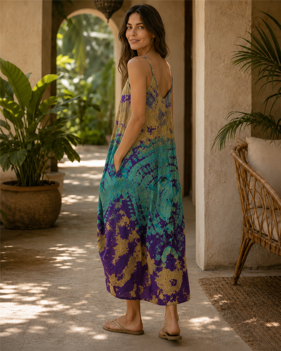 Mor Renk Batik Desenli Askılı Elbise