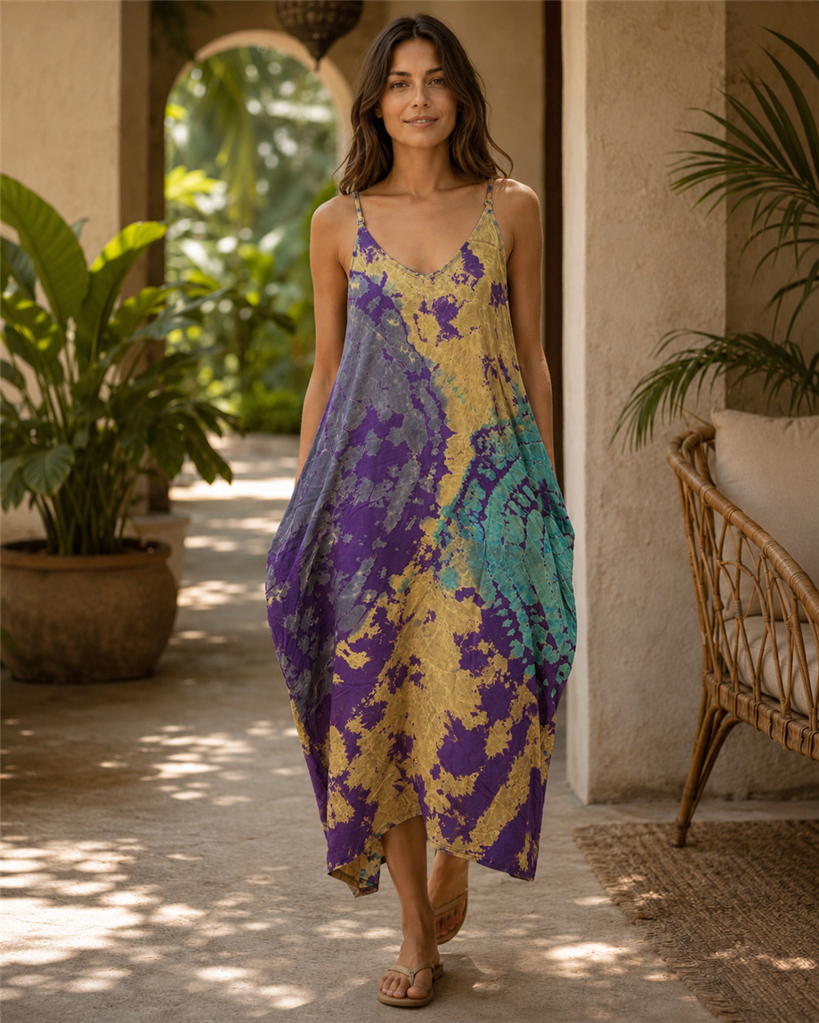 Mor Renk Batik Desenli Askılı Elbise