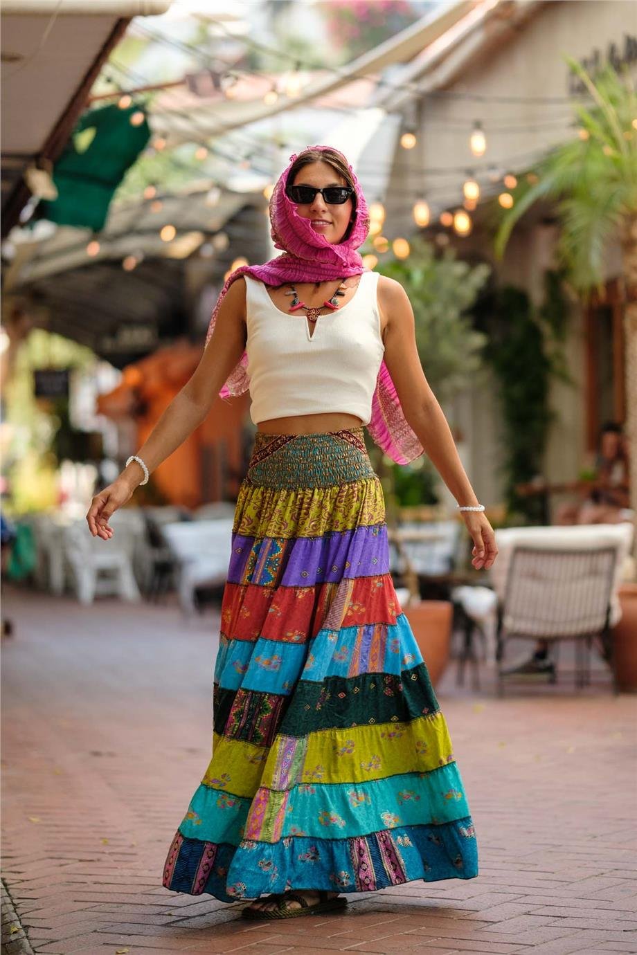 Mor Renk Bohem Patchwork İpek Etek