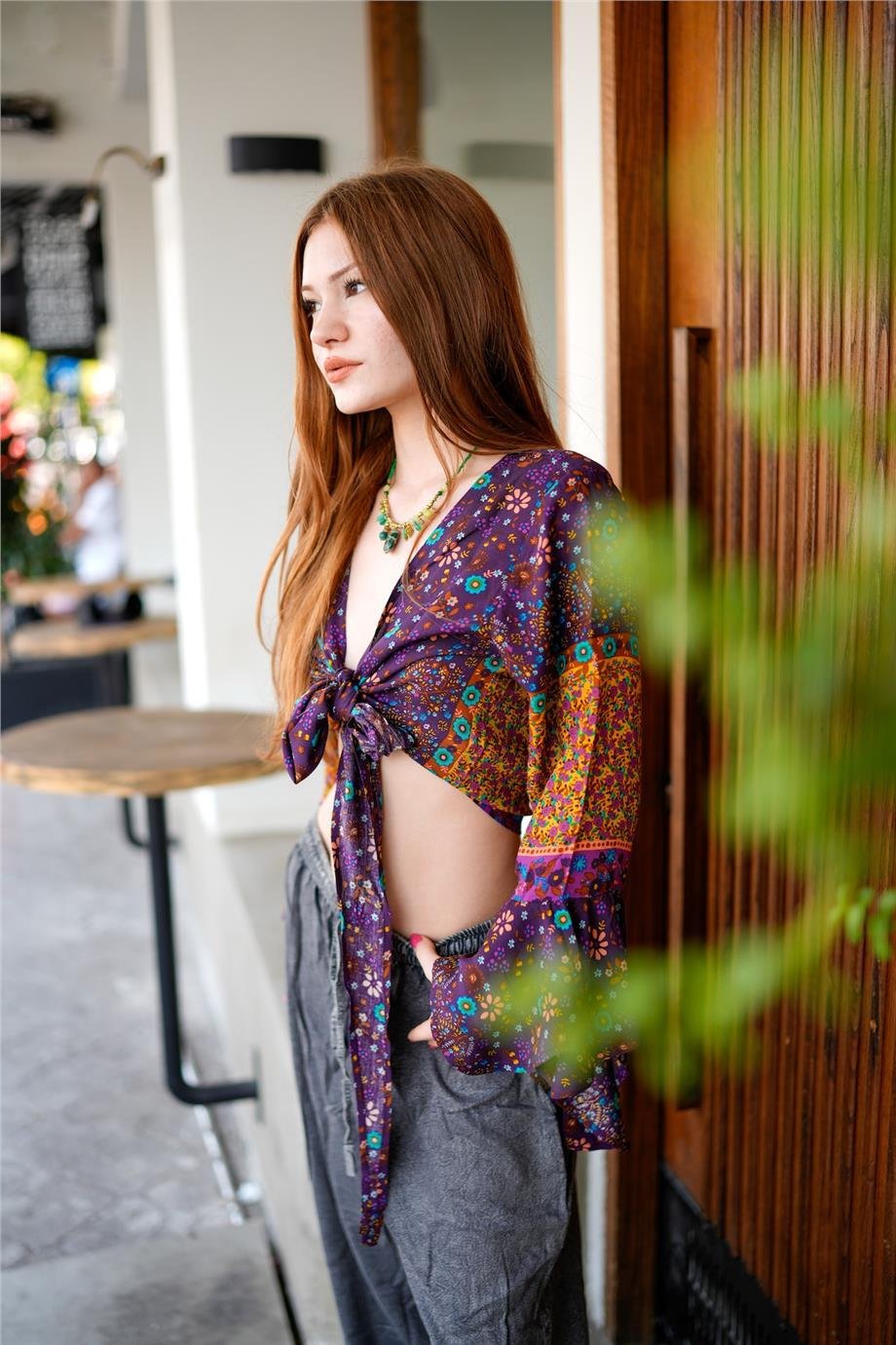 Mor Renk İspanyol Kol Çiçek Desenli Bluz