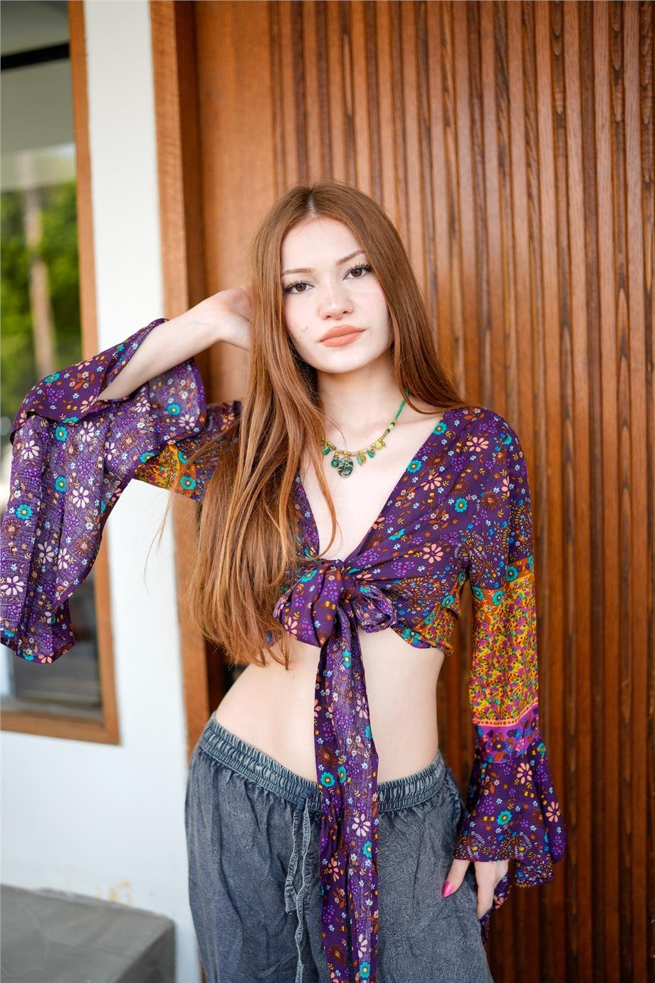 Mor Renk İspanyol Kol Çiçek Desenli Bluz