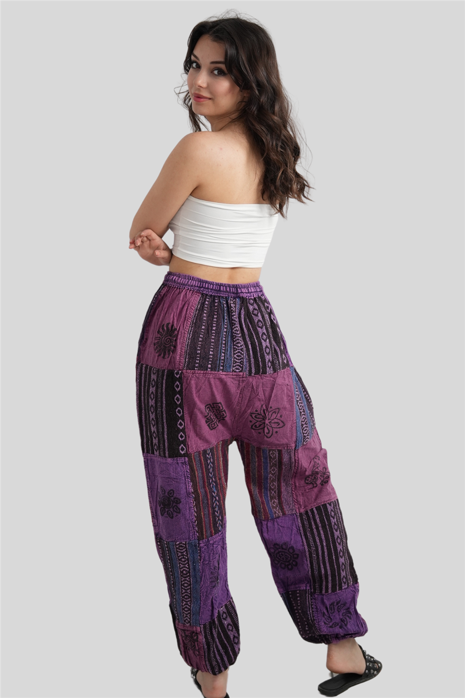 Mor Unisex Kilim İşlemeli Bohem Nepal Patchwork Pantolon