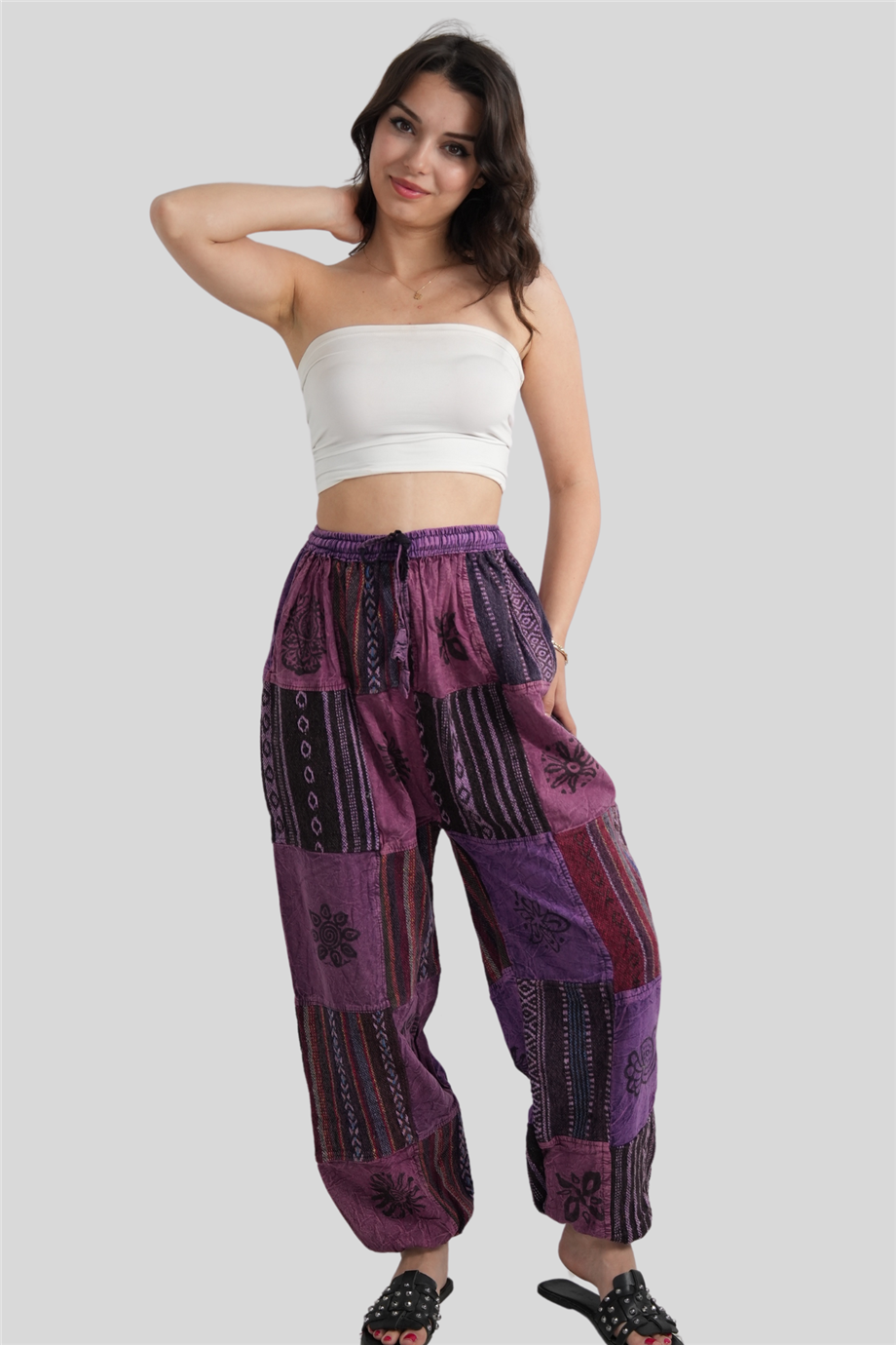 Mor Unisex Kilim İşlemeli Bohem Nepal Patchwork Pantolon