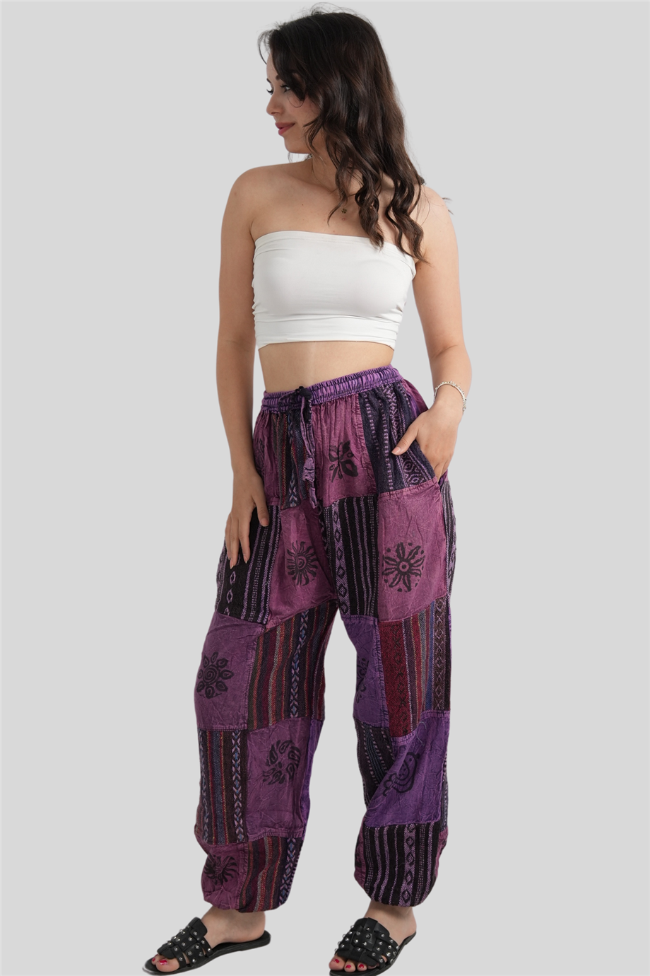 Mor Unisex Kilim İşlemeli Bohem Nepal Patchwork Pantolon