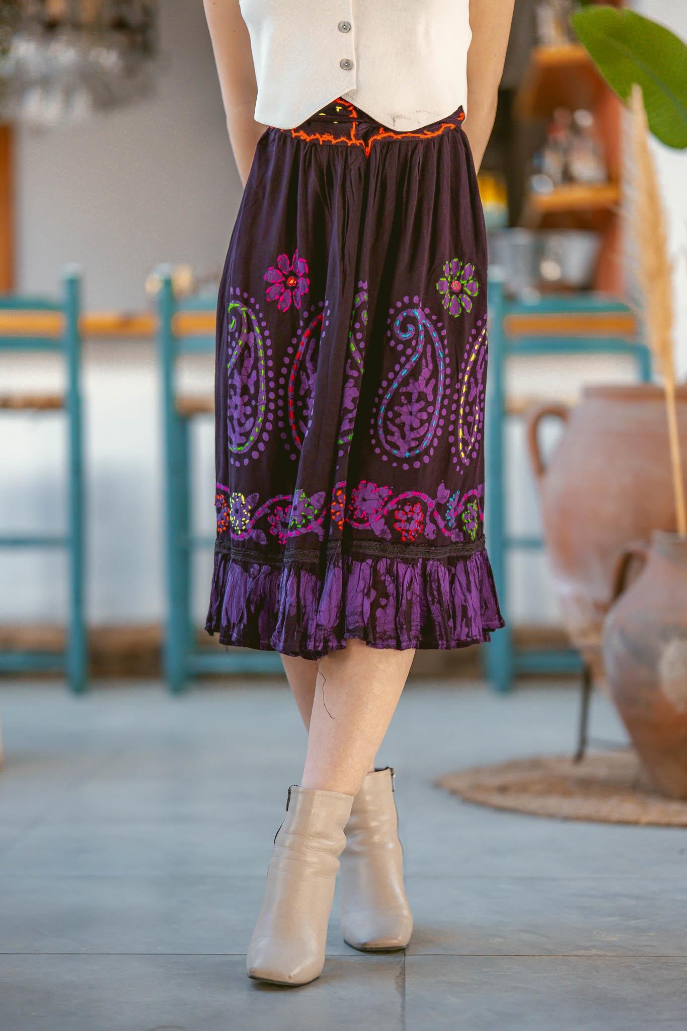 Mürdüm Çiçek İşlemeli Bohem Etek