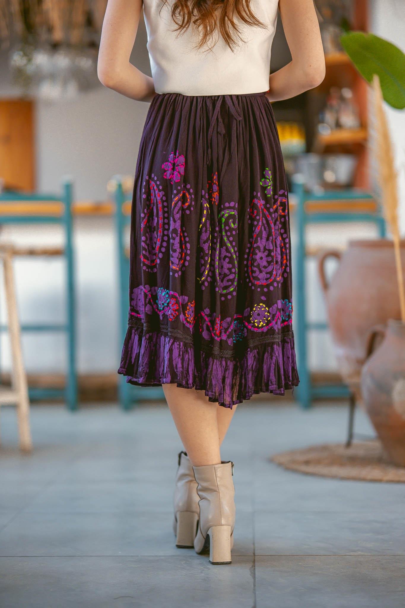 Mürdüm Çiçek İşlemeli Bohem Etek