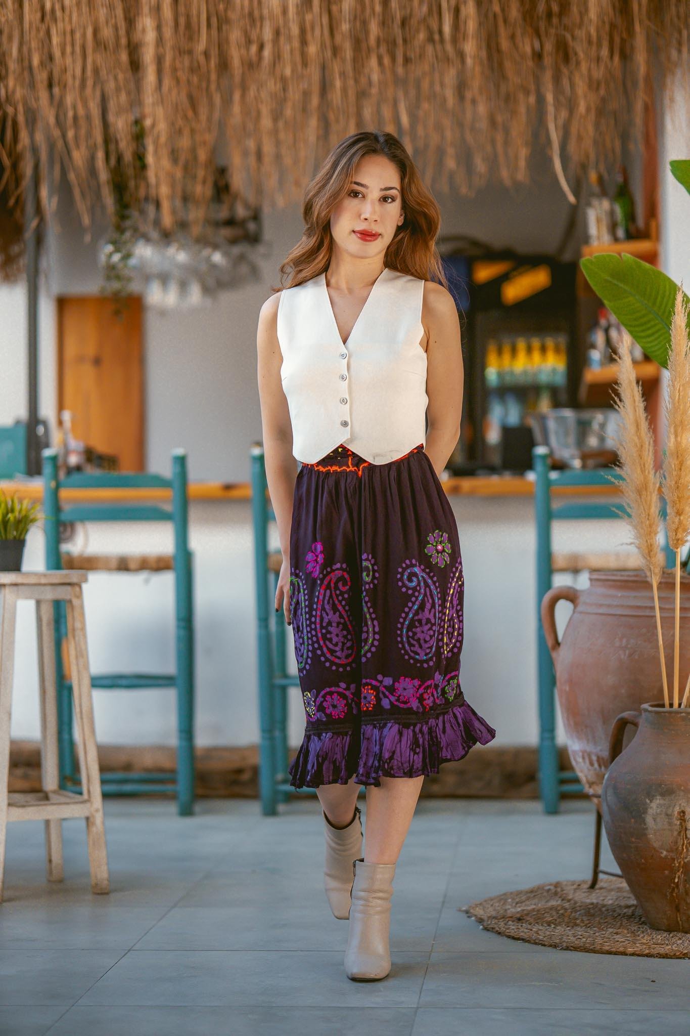 Mürdüm Çiçek İşlemeli Bohem Etek