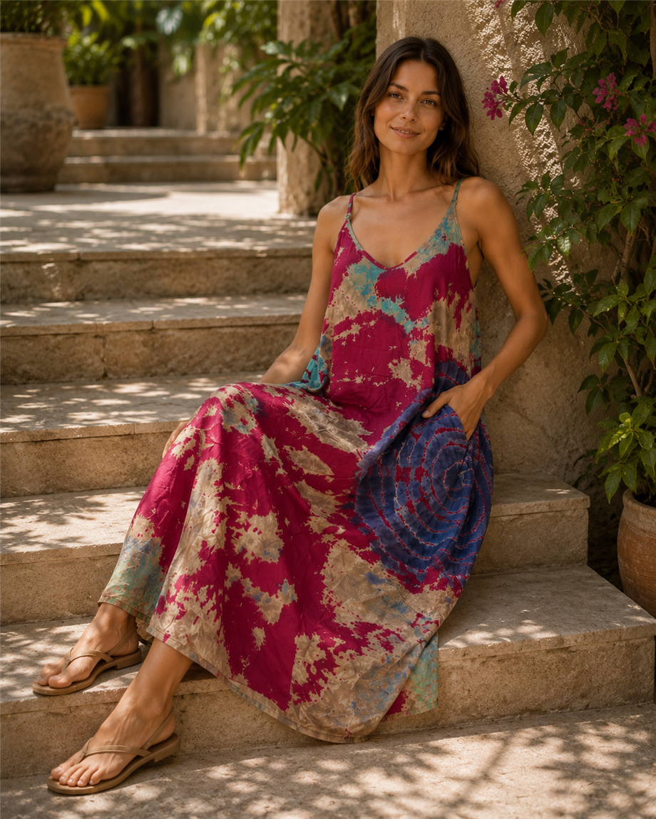 Mürdüm Renk Batik Desenli Askılı Elbise