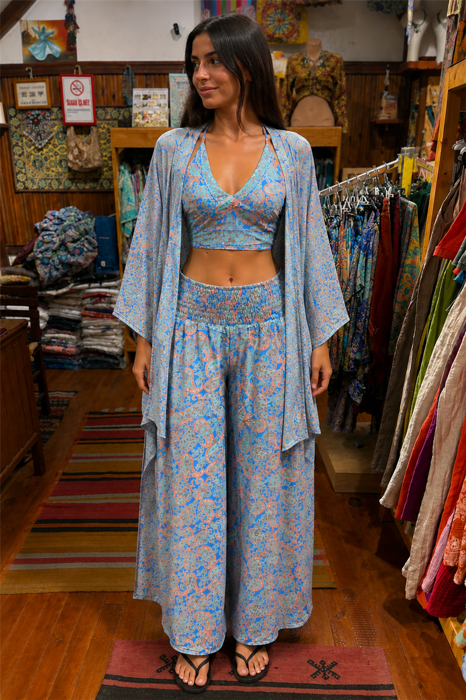 Parlament Mavisi Kaşmir Rüyası İpek Pantolon Crop Kimono Üçlü Takım