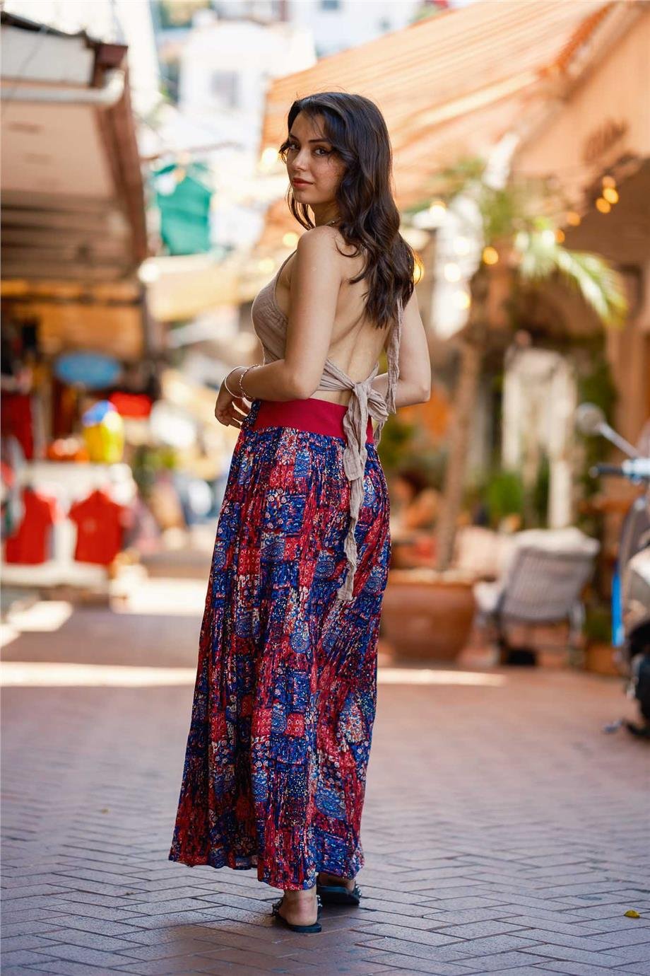 Pembe Beli Lastikli Drape Detaylı Otantik Etek