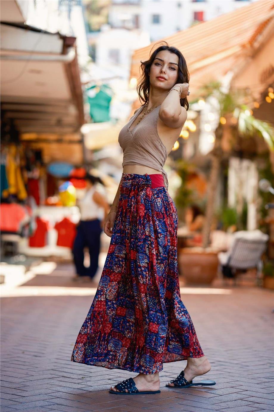 Pembe Beli Lastikli Drape Detaylı Otantik Etek