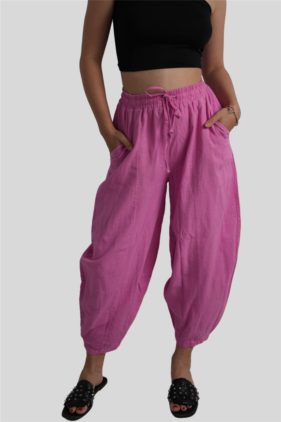 Pembe Beli Lastikli Salaş Pantolon