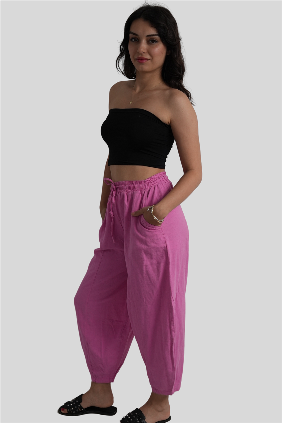 Pembe Beli Lastikli Salaş Pantolon