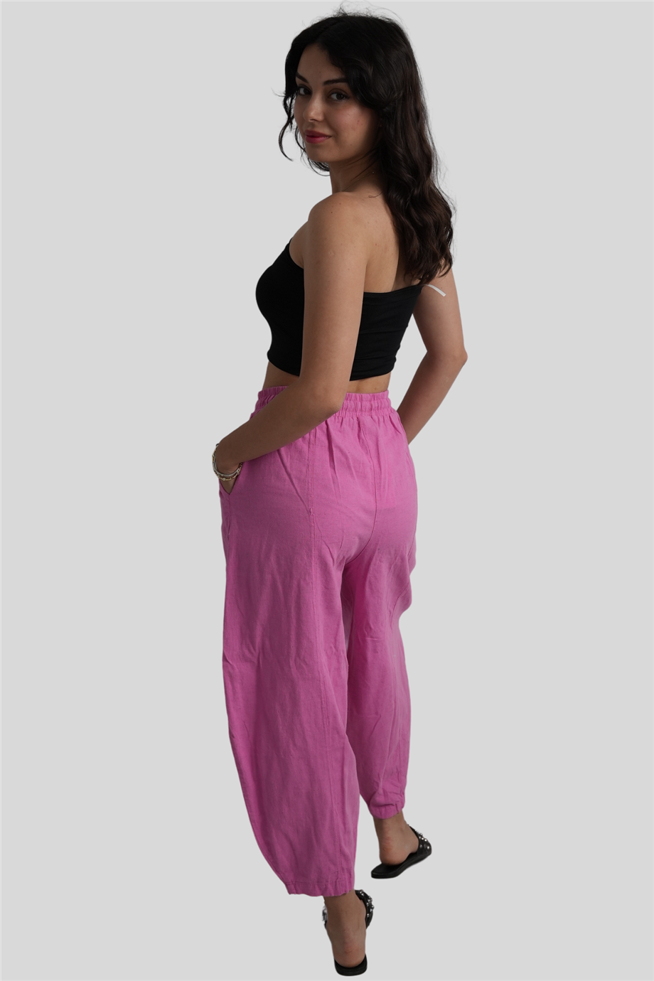 Pembe Beli Lastikli Salaş Pantolon