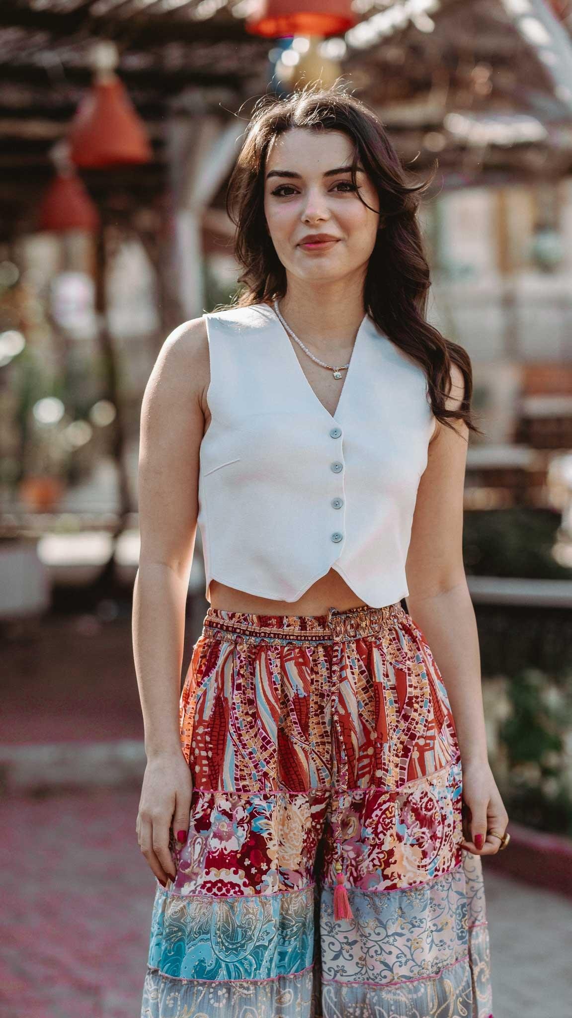 Pembe Bohem Patchwork Palazzo İpek Pantolon