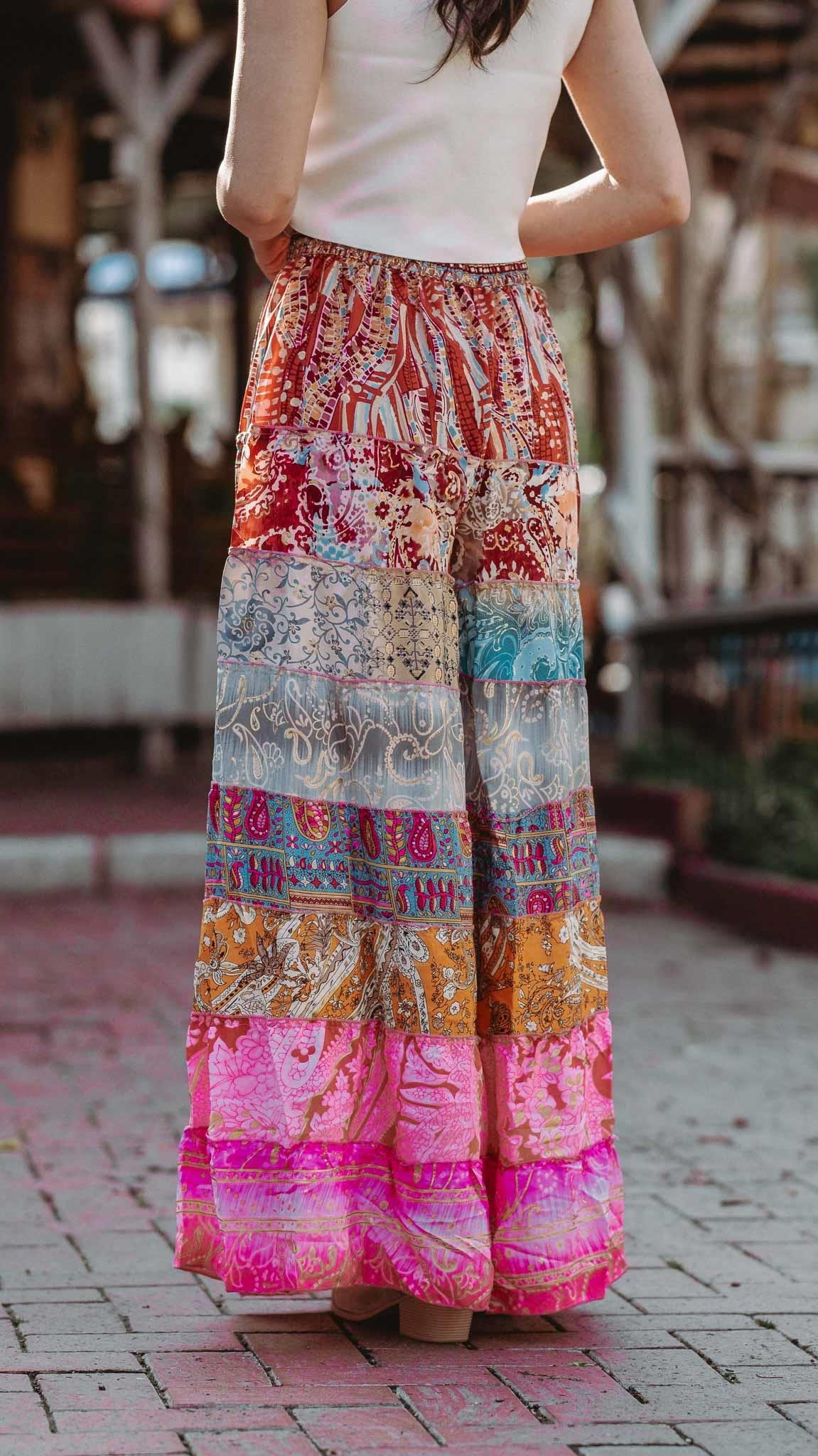 Pembe Bohem Patchwork Palazzo İpek Pantolon