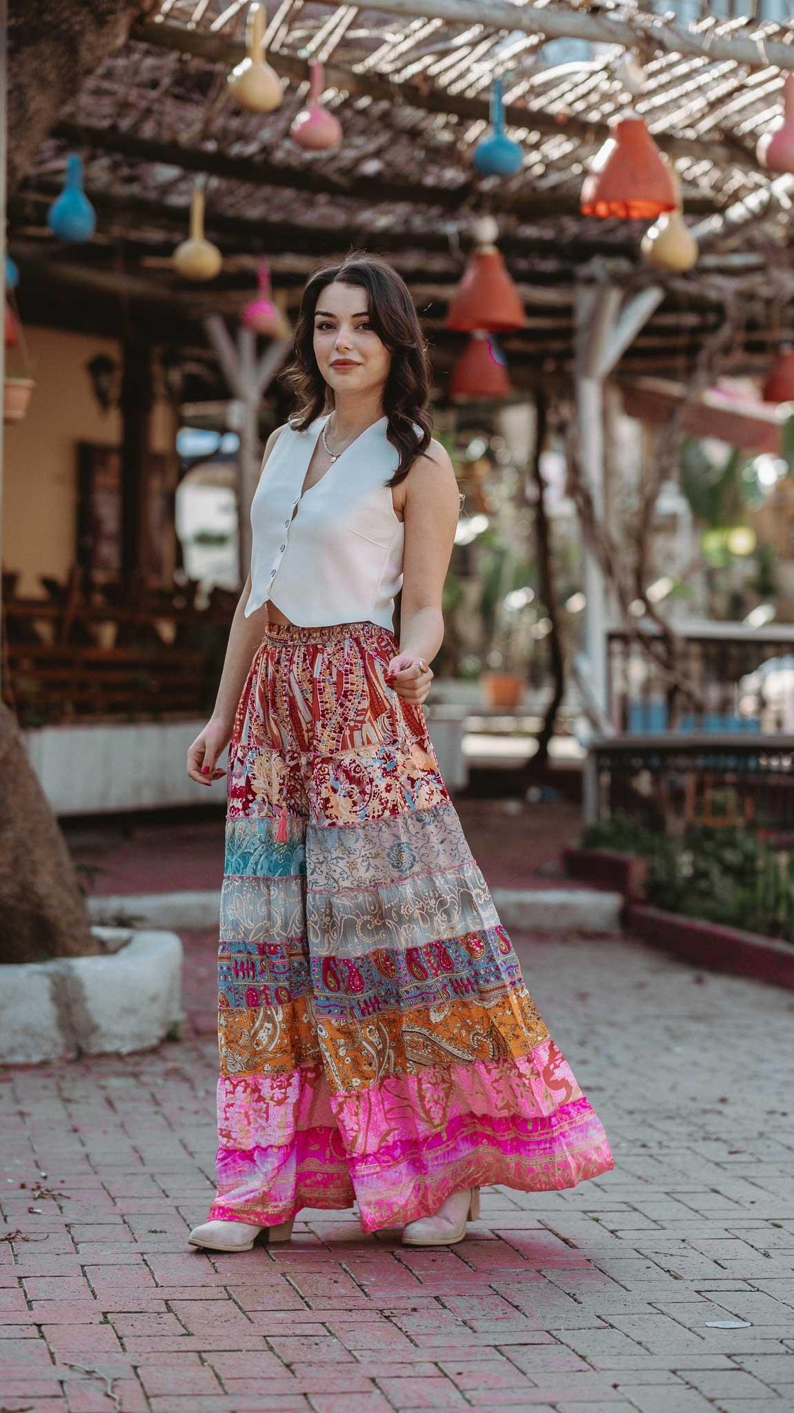 Pembe Bohem Patchwork Palazzo İpek Pantolon