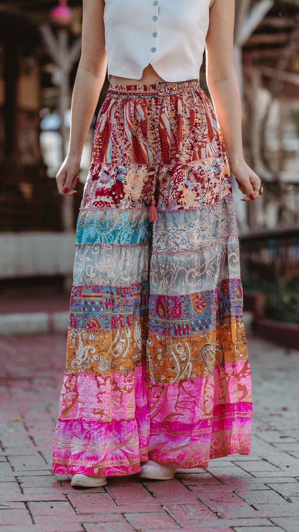 Pembe Bohem Patchwork Palazzo İpek Pantolon