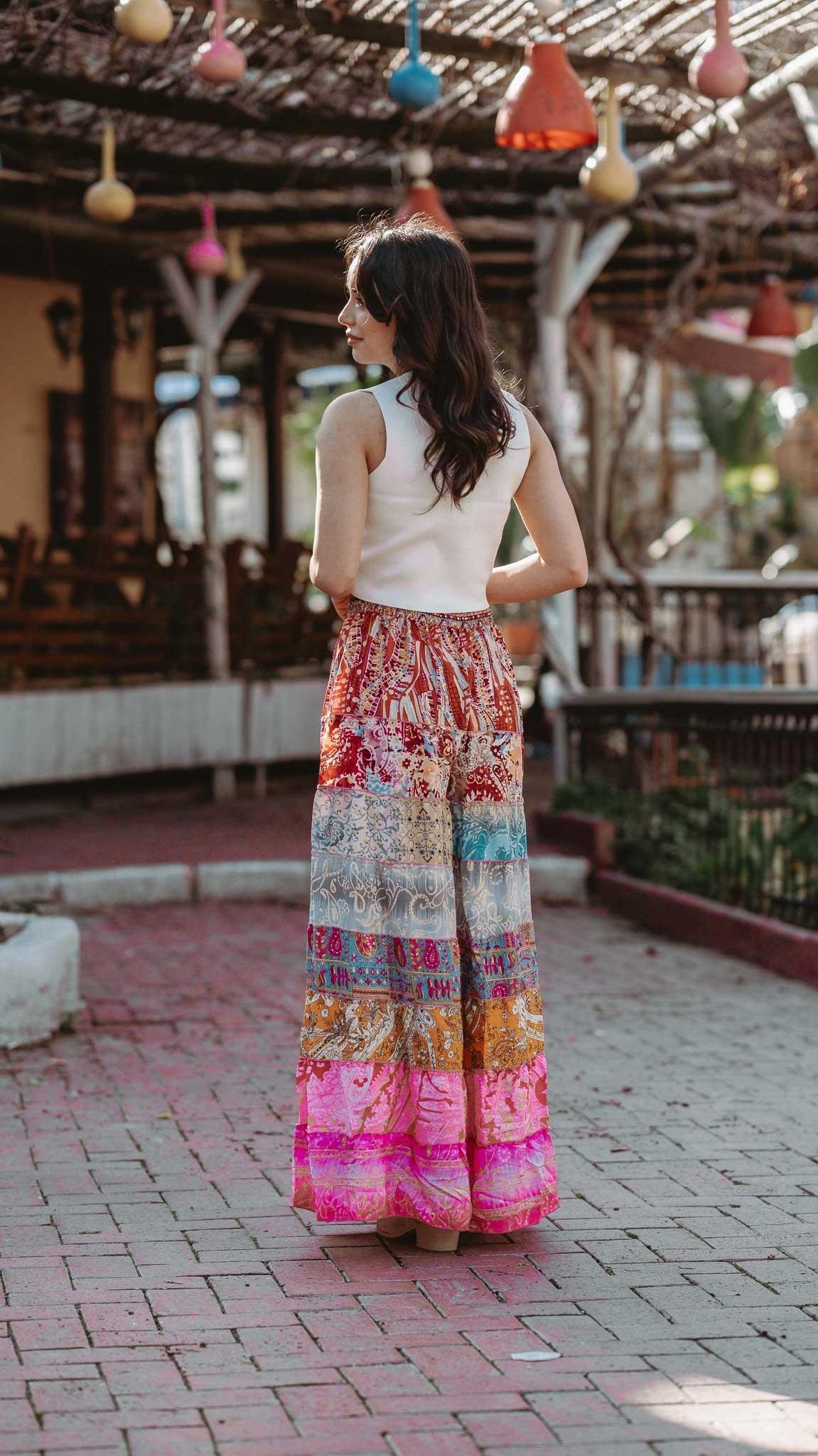 Pembe Bohem Patchwork Palazzo İpek Pantolon