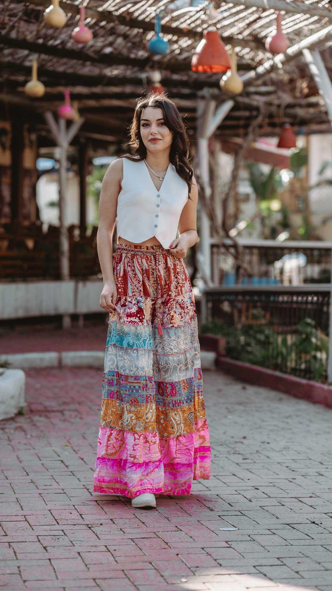 Pembe Bohem Patchwork Palazzo İpek Pantolon