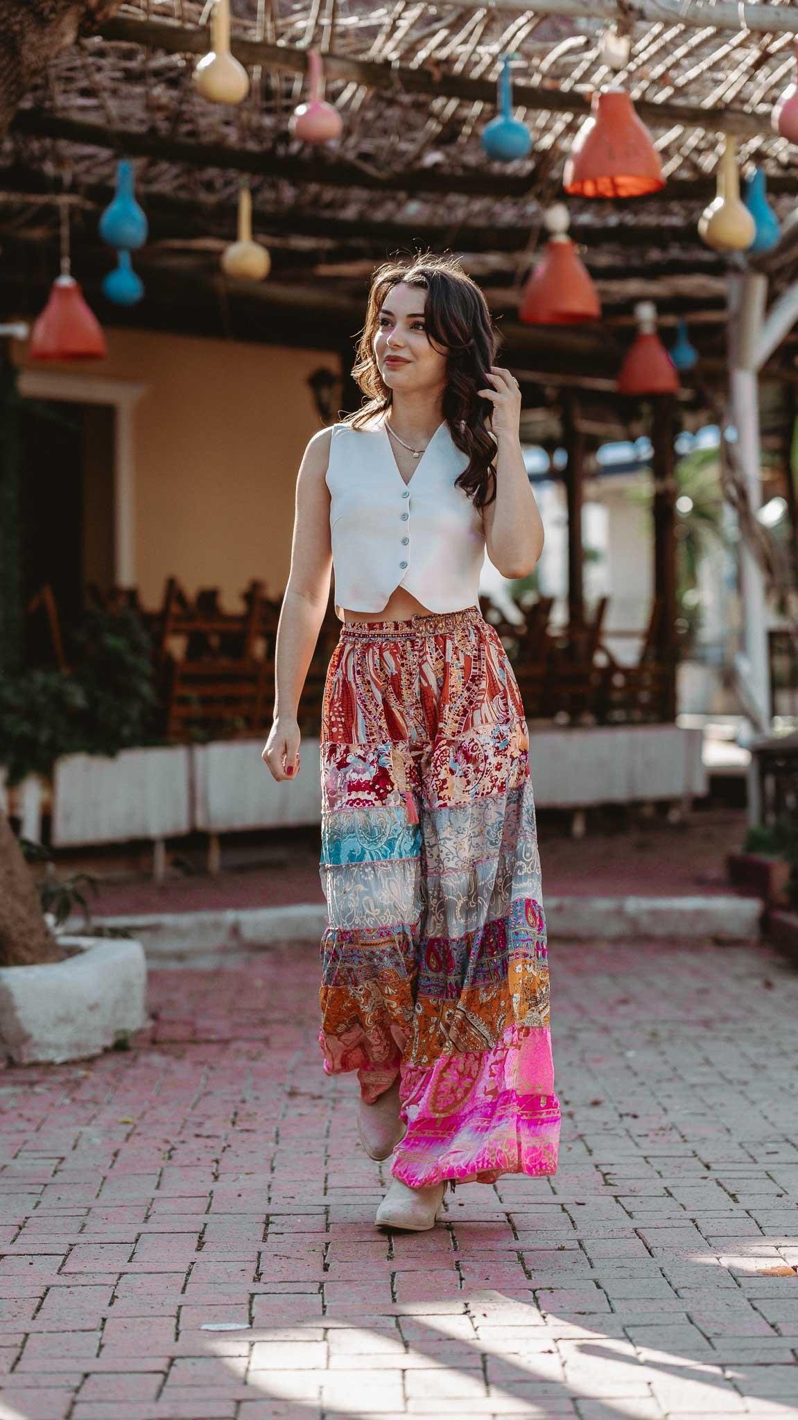 Pembe Bohem Patchwork Palazzo İpek Pantolon