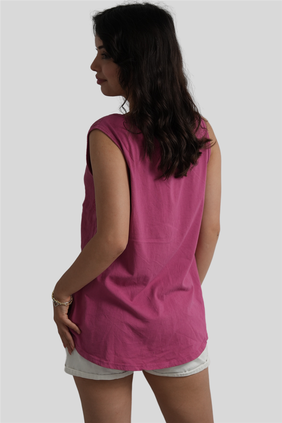 Pembe Nakış Detaylı Kalın Askılı Keten Bluz