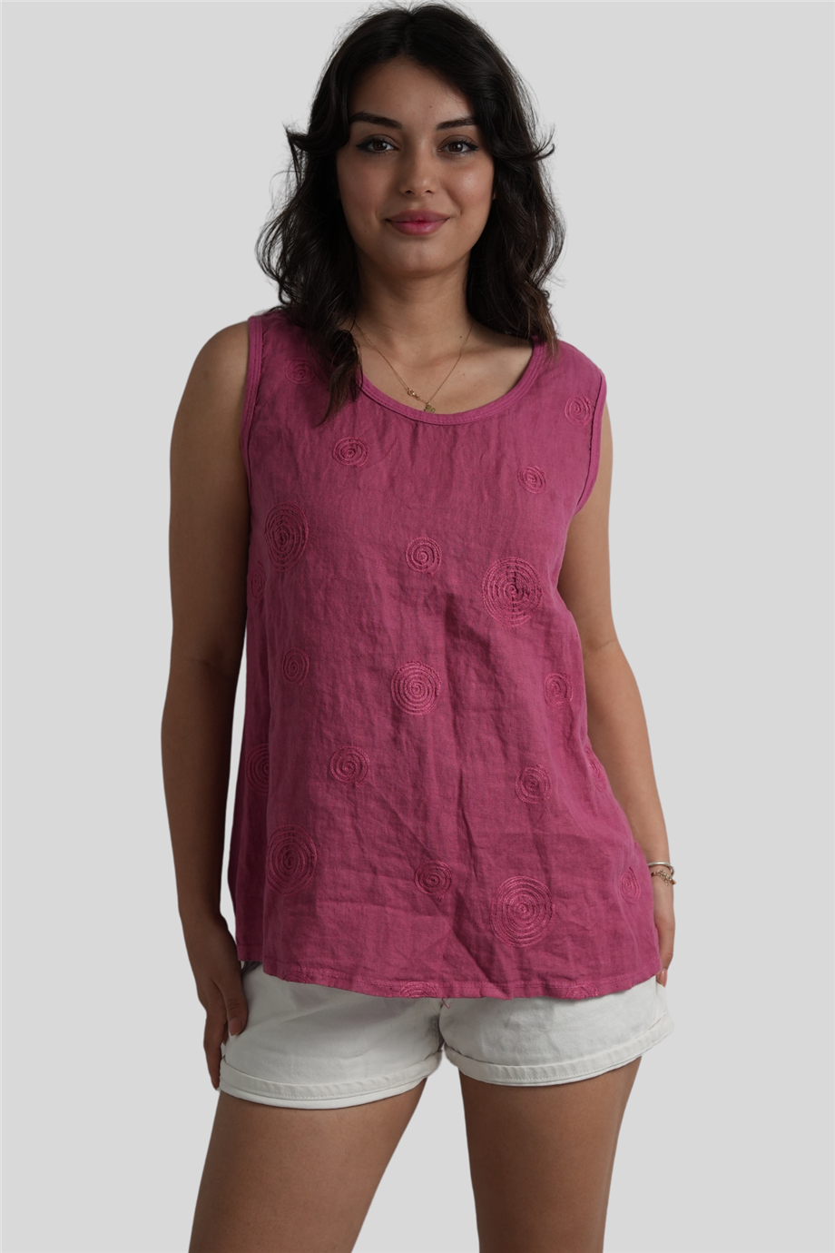 Pembe Nakış Detaylı Kalın Askılı Keten Bluz